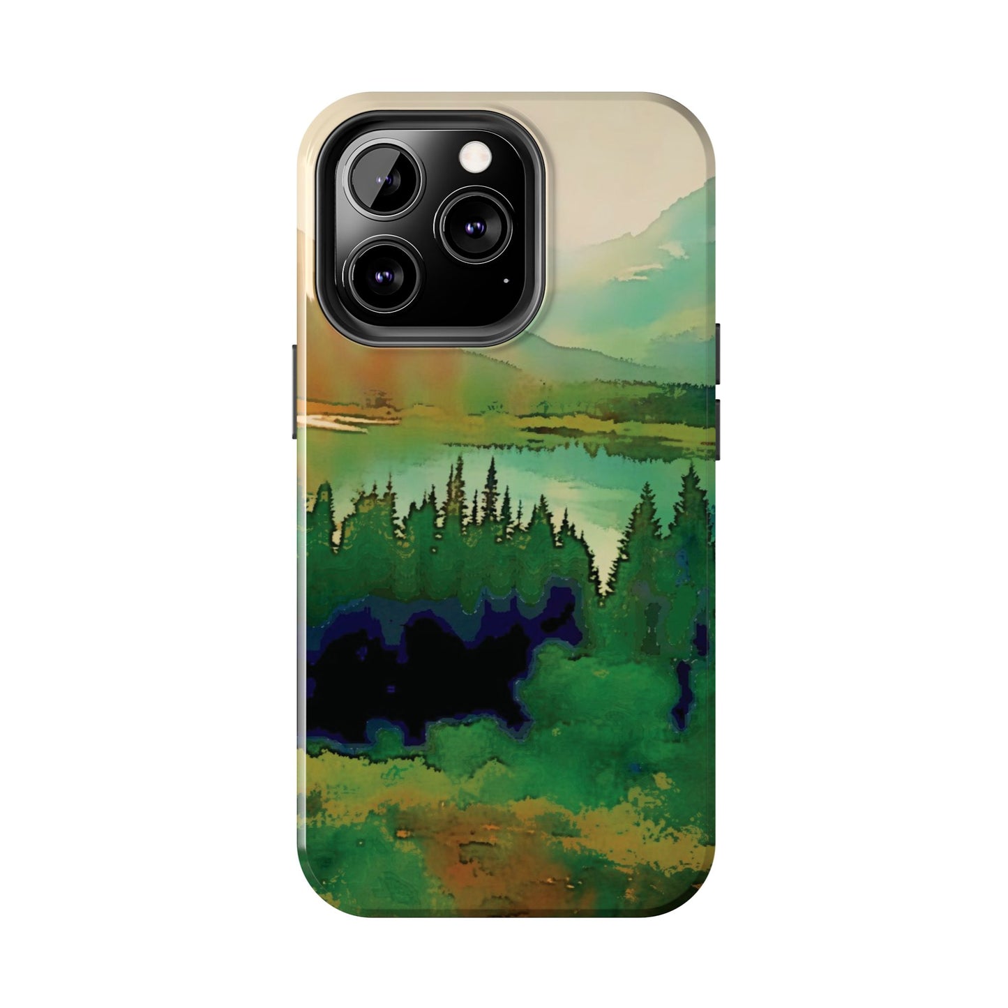 Mountain Lake Tough Phone Cases, iPhone & Samsung cases, wireless charging, trees, nature, colorful, original artwork, gifts, Christmas