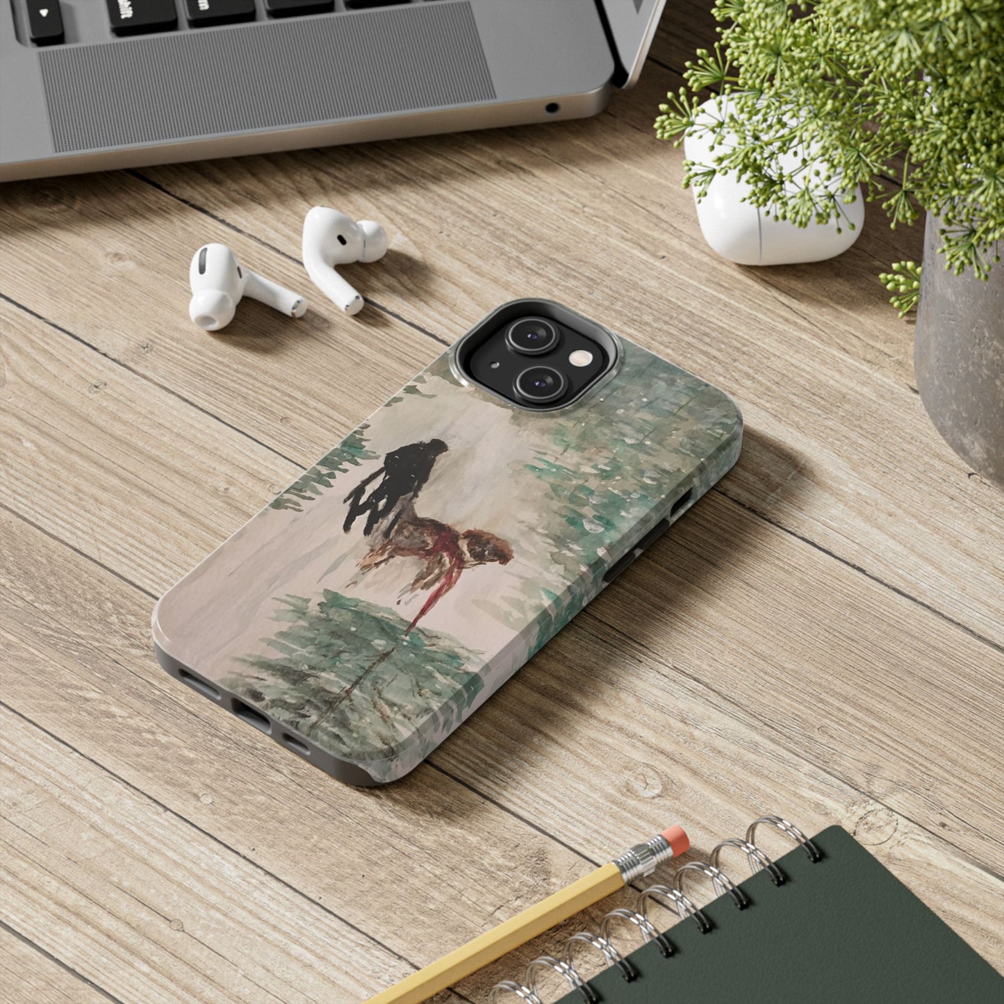 Skier Dog Pulling Tree Tough Phone Cases, iPhone & Samsung cases, wireless charging, pine trees, snow, original artwork, gifts, Christmas