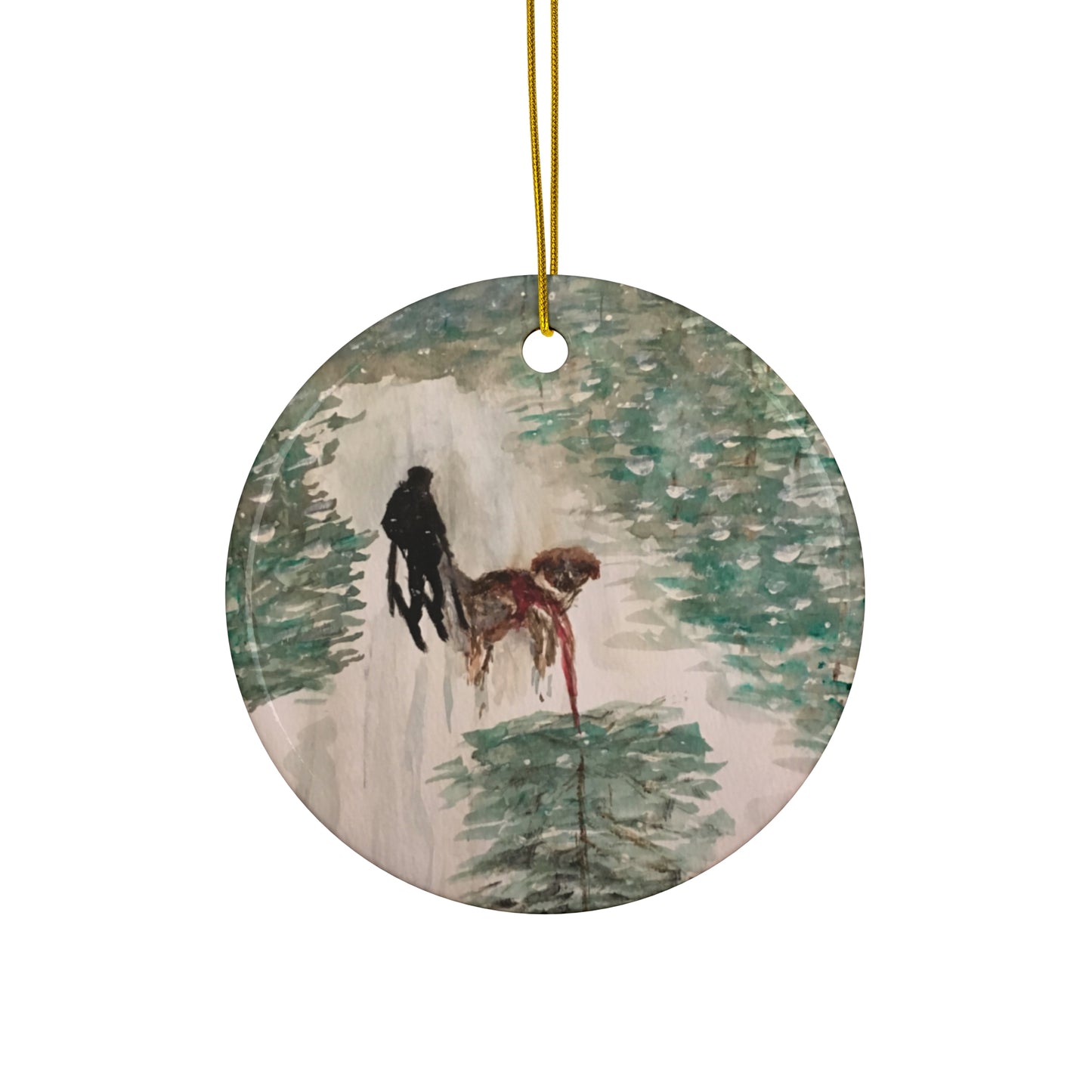 Skier Dog Pulling Tree Hanging Ceramic Ornament, 4 Shapes Circle, Snowflake, Heart, Star, Christmas Tree, Holiday, Decor, Gifts, Snow Forest