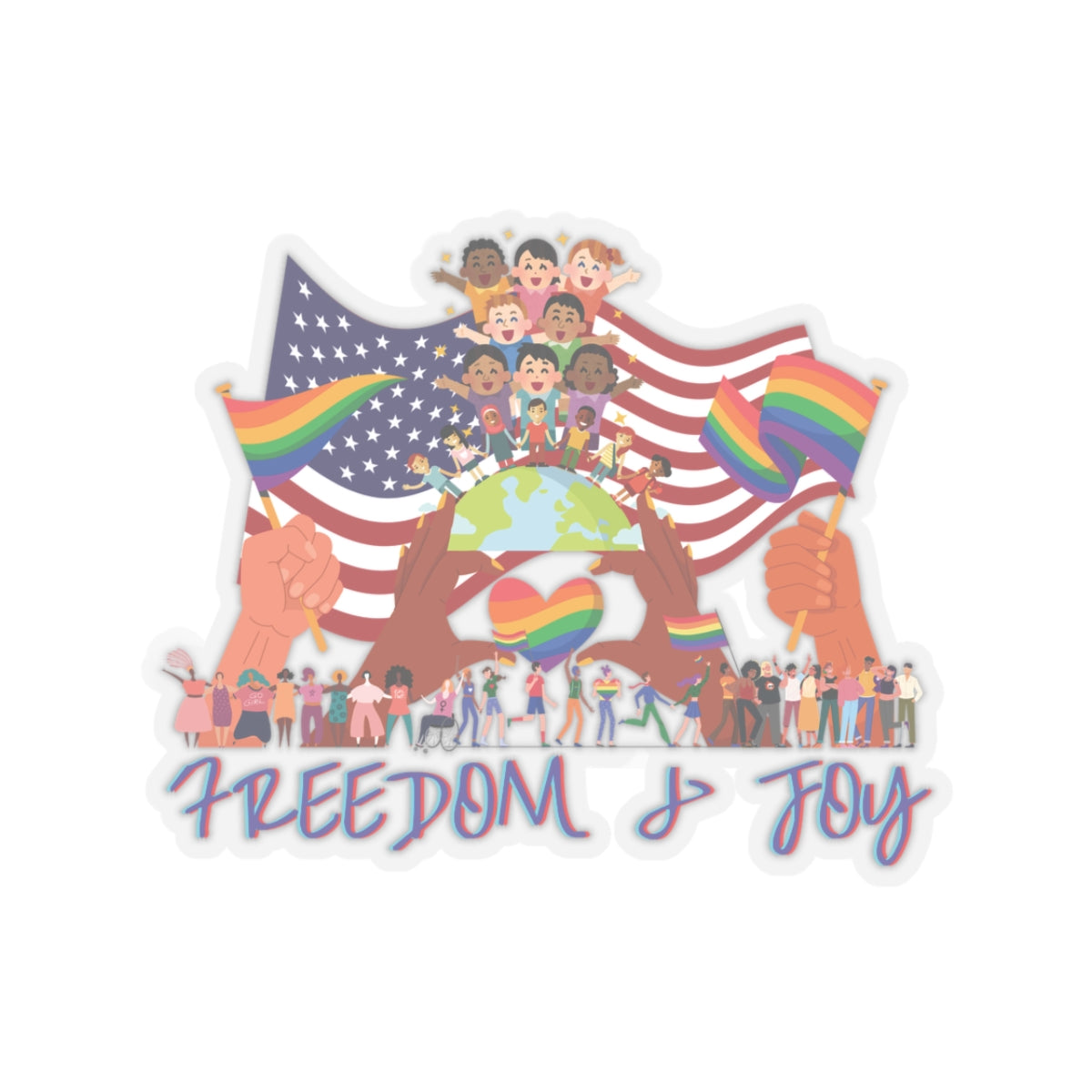 Freedom & Joy Graphic Kiss Cut Stickers, happy, equality, inclusion, patriotic, pride, colorful, gender neutral, student, gift, decorate