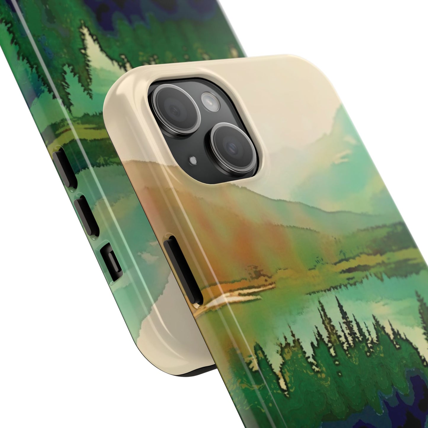 Mountain Lake Tough Phone Cases, iPhone & Samsung cases, wireless charging, trees, nature, colorful, original artwork, gifts, Christmas