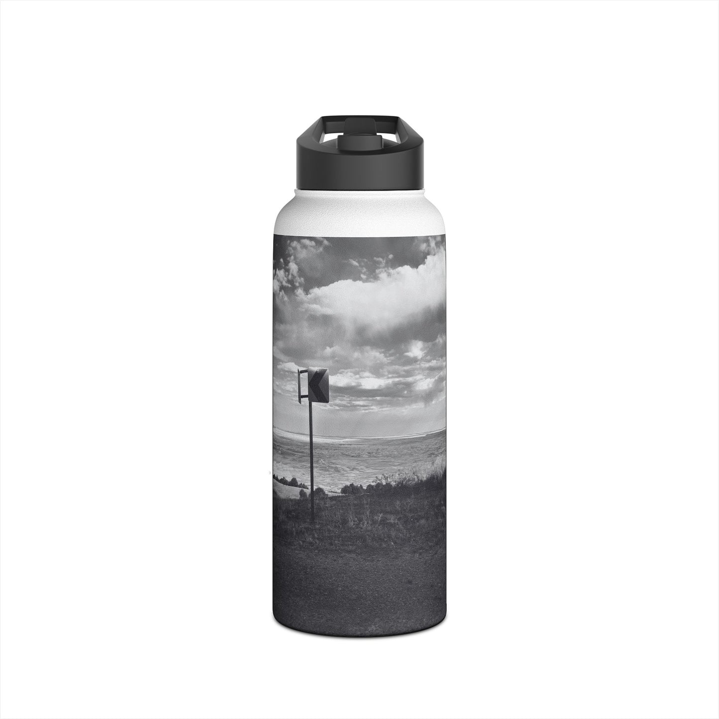 Road Sign Stainless Steel Water Bottle, Badlands, Landscape, Black and White, Photo, Artwork, Drinkware, Gift, Nature, Warning, BPA-free