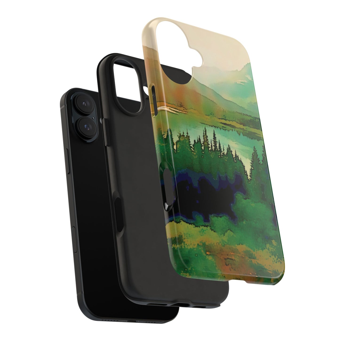 Mountain Lake Tough Phone Cases, iPhone & Samsung cases, wireless charging, trees, nature, colorful, original artwork, gifts, Christmas