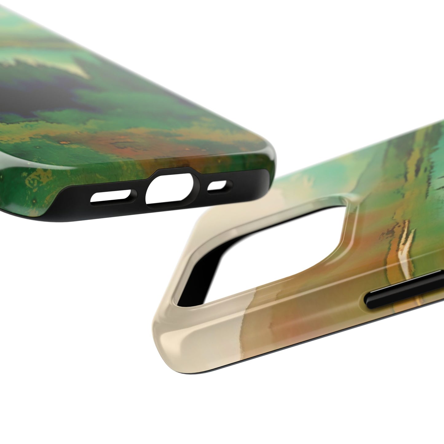 Mountain Lake Tough Phone Cases, iPhone & Samsung cases, wireless charging, trees, nature, colorful, original artwork, gifts, Christmas