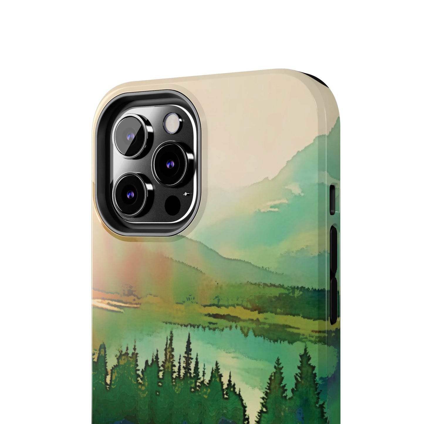 Mountain Lake Tough Phone Cases, iPhone & Samsung cases, wireless charging, trees, nature, colorful, original artwork, gifts, Christmas