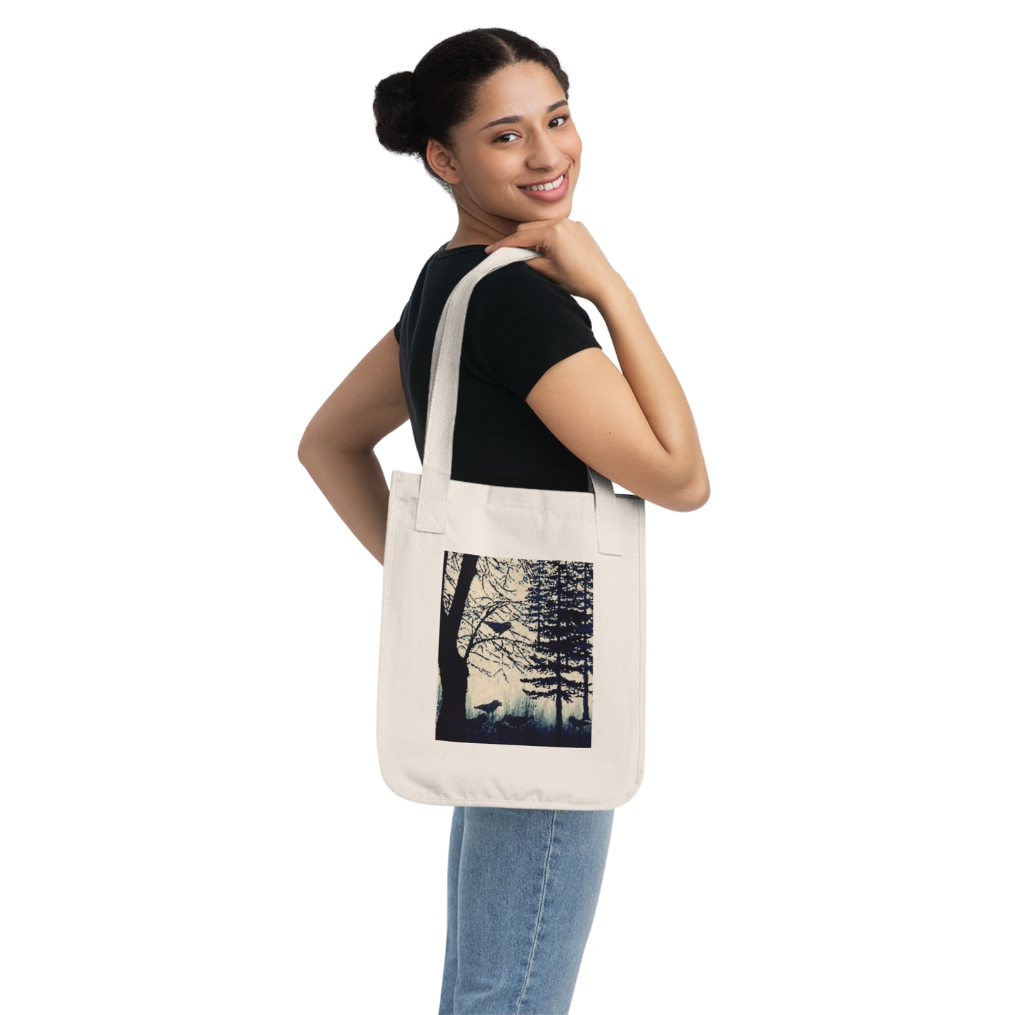 Crows in Forest Organic Canvas Tote Bag, Groceries, Shopping, Eco Friendly, Gift Bags, 100% Organic Cotton, Beige, Black, Nature, Halloween