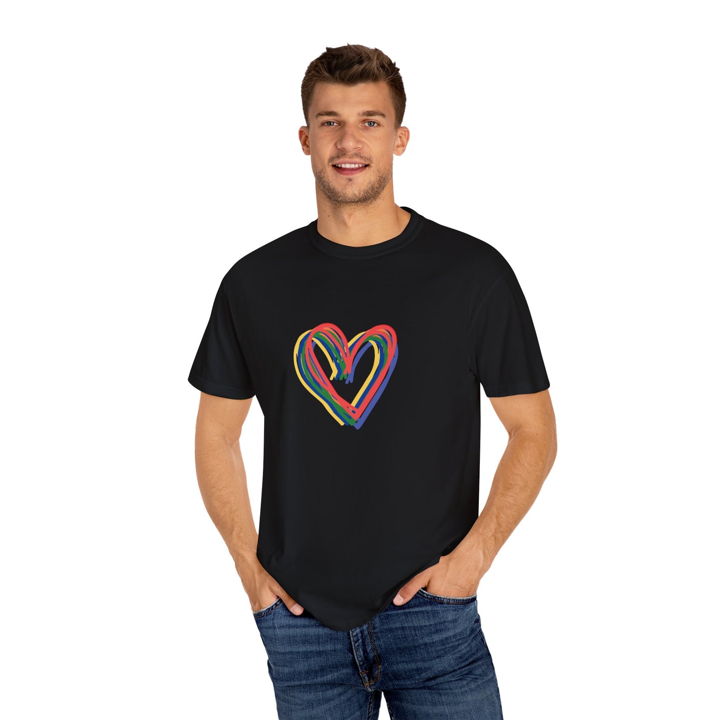 Rainbow Hearts Unisex Garment-Dyed T-shirt, love, Pride, gender neutral, casual, men, women, relaxed, soft, preshrunk cotton, Valentines Day
