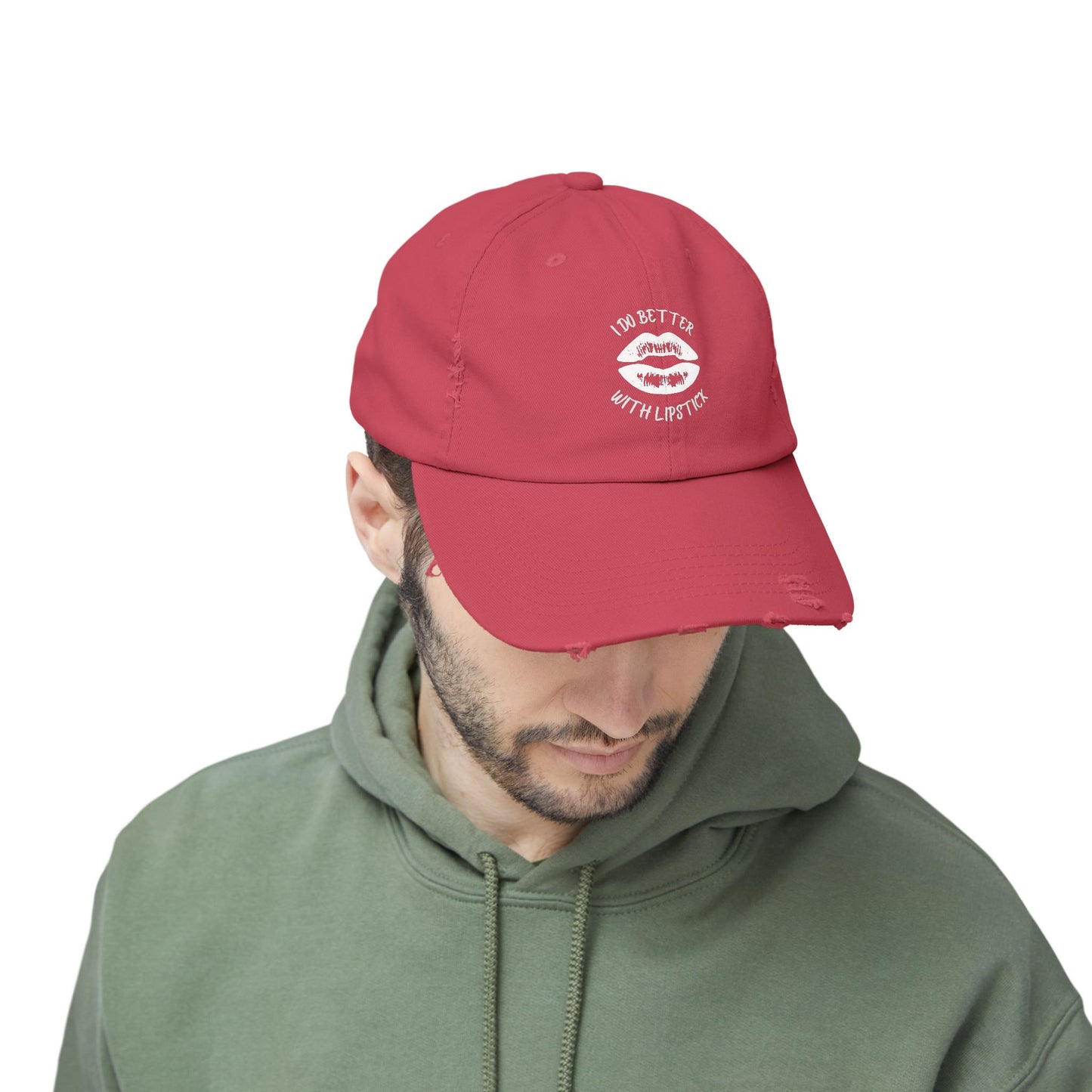 Distressed Cap - I Do Better With Lipstick, Glamorous & Bold, Adjustable, Cotton Twill