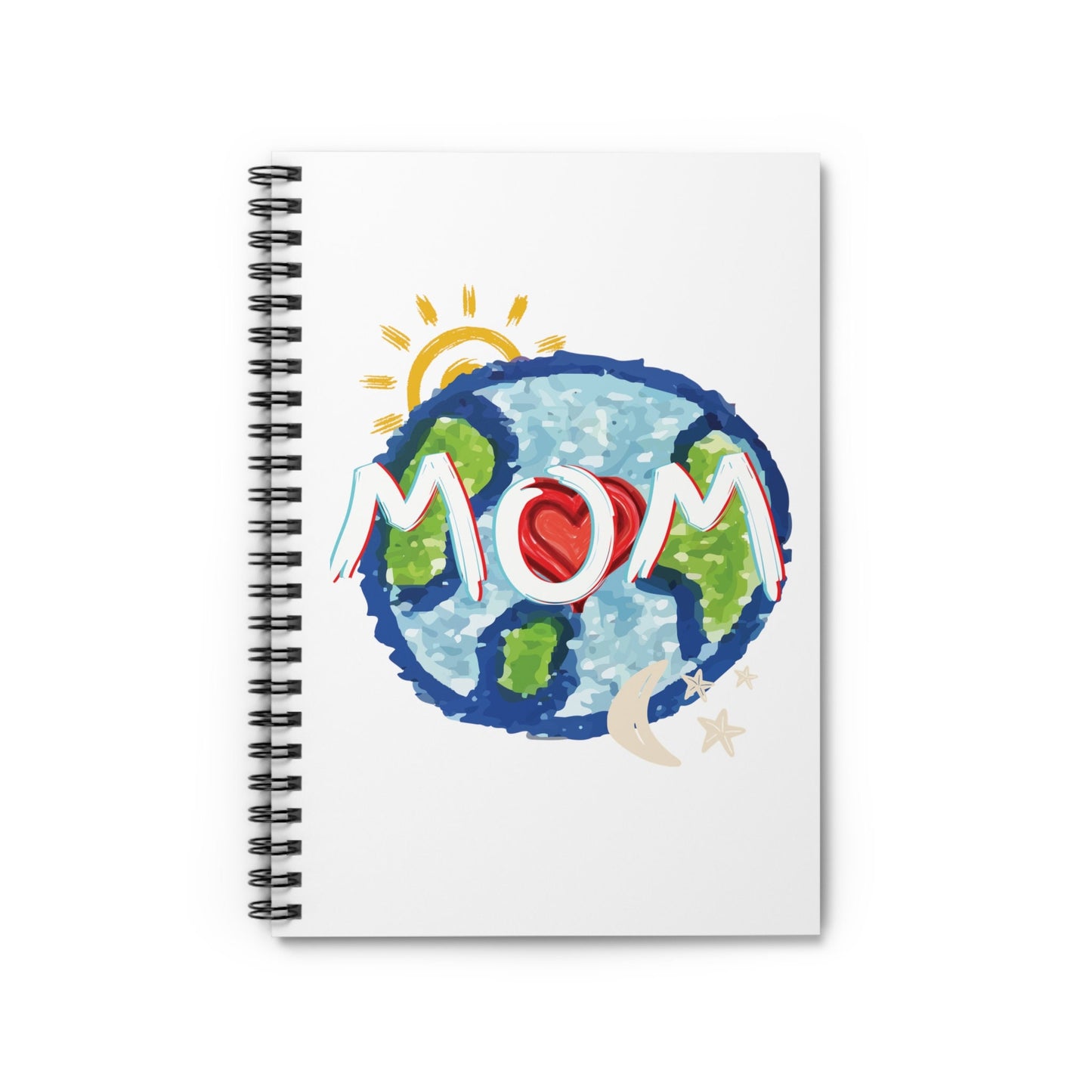MOM White Spiral Notebook, Ruled Line, Whole World, Sun, Moon & Stars, Heart, Love, Mothers Day, Gifts for Women, Writing, Journal, Paper