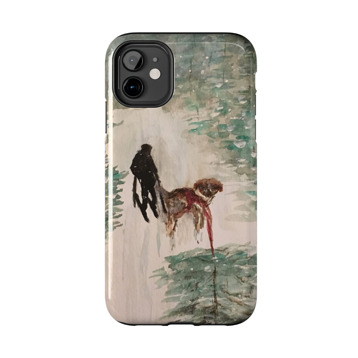 Skier Dog Pulling Tree Tough Phone Cases, iPhone & Samsung cases, wireless charging, pine trees, snow, original artwork, gifts, Christmas