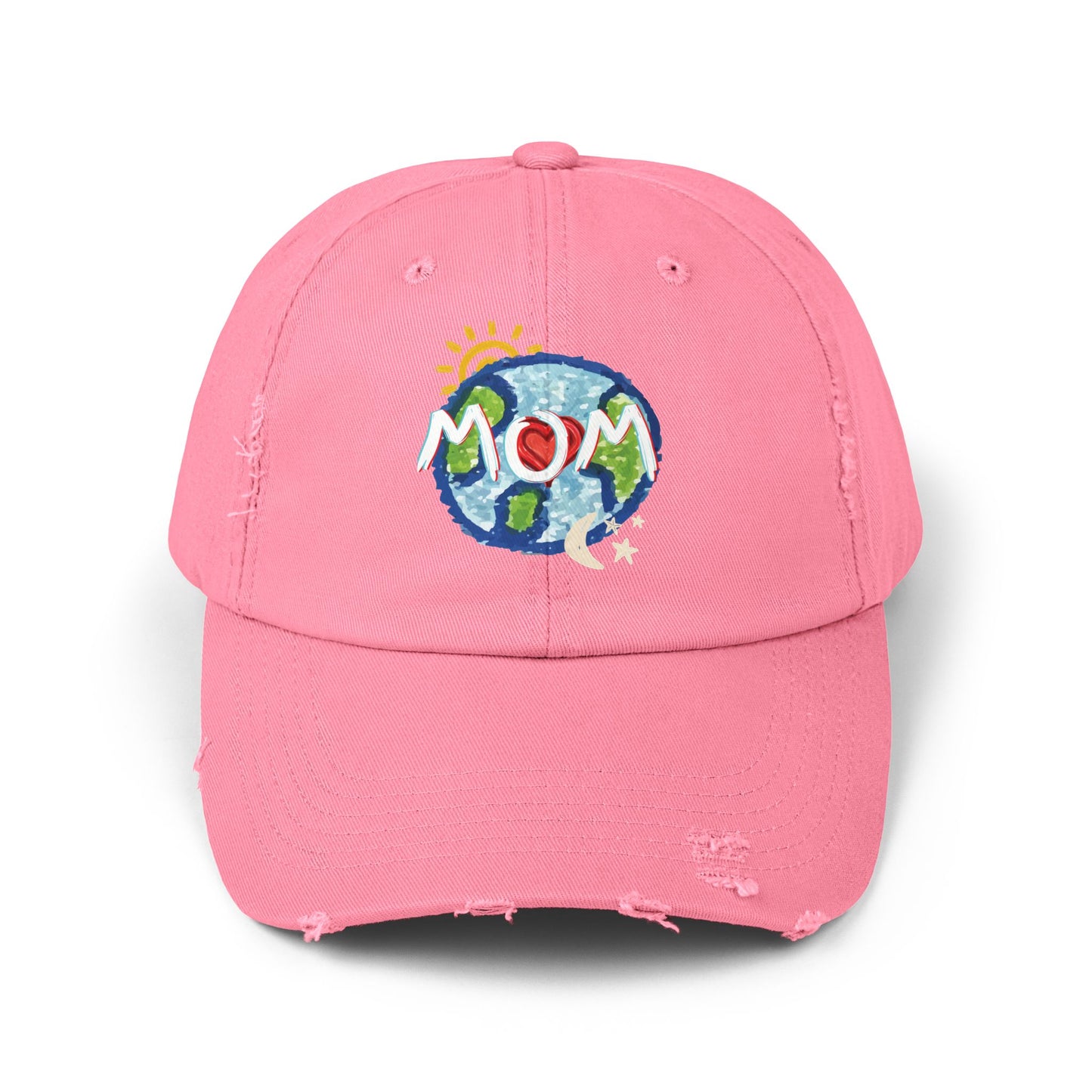 MOM Unisex Distressed Cap, Whole World, Sun, Moon & Stars, Heart, Mothers Day, Gifts for Women, Gift, Hats, Cotton Twill, Adjustable