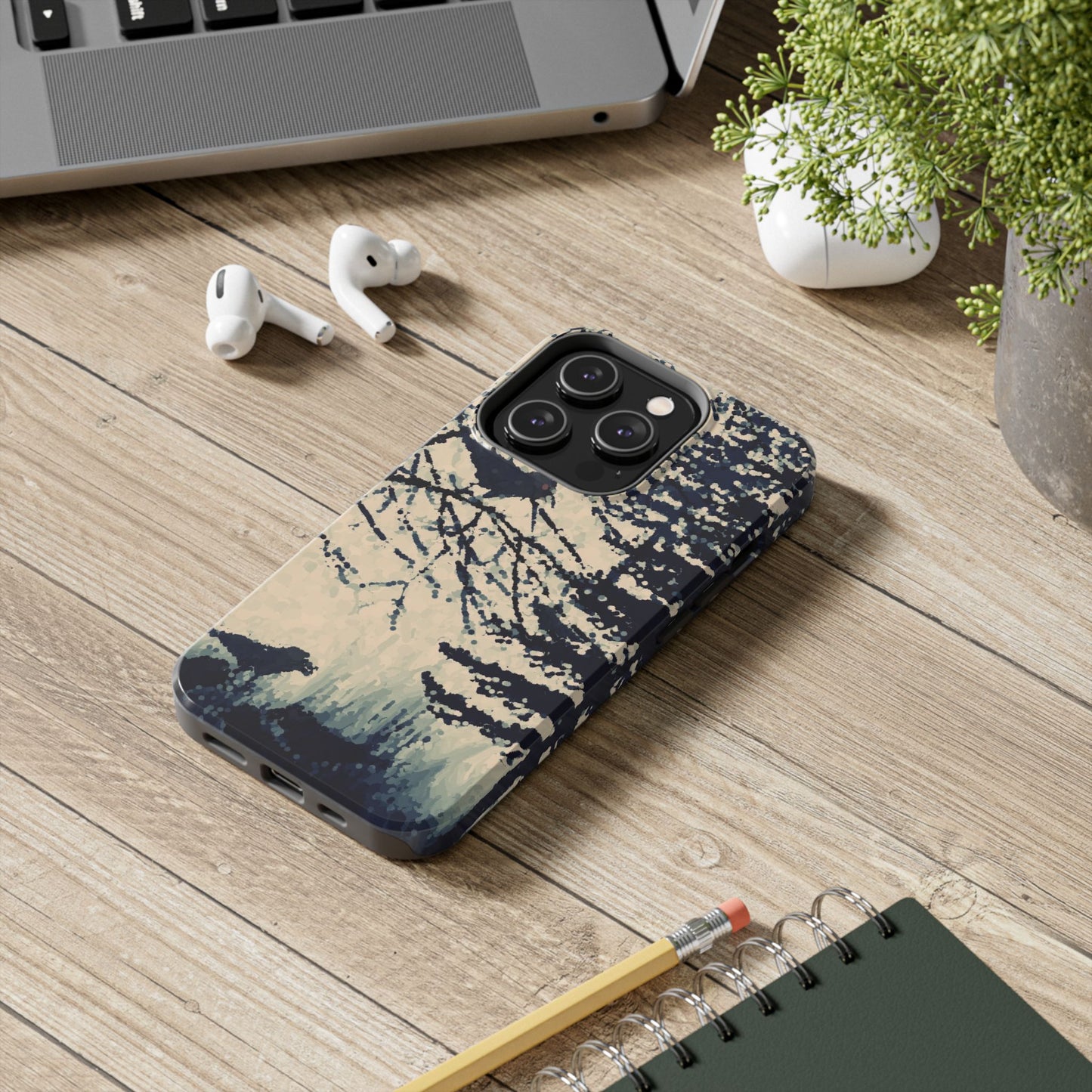 Crows in Forest Tough Phone Cases, iPhone & Samsung cases, wireless charging, crows, trees, birds, original artwork, gifts, Halloween