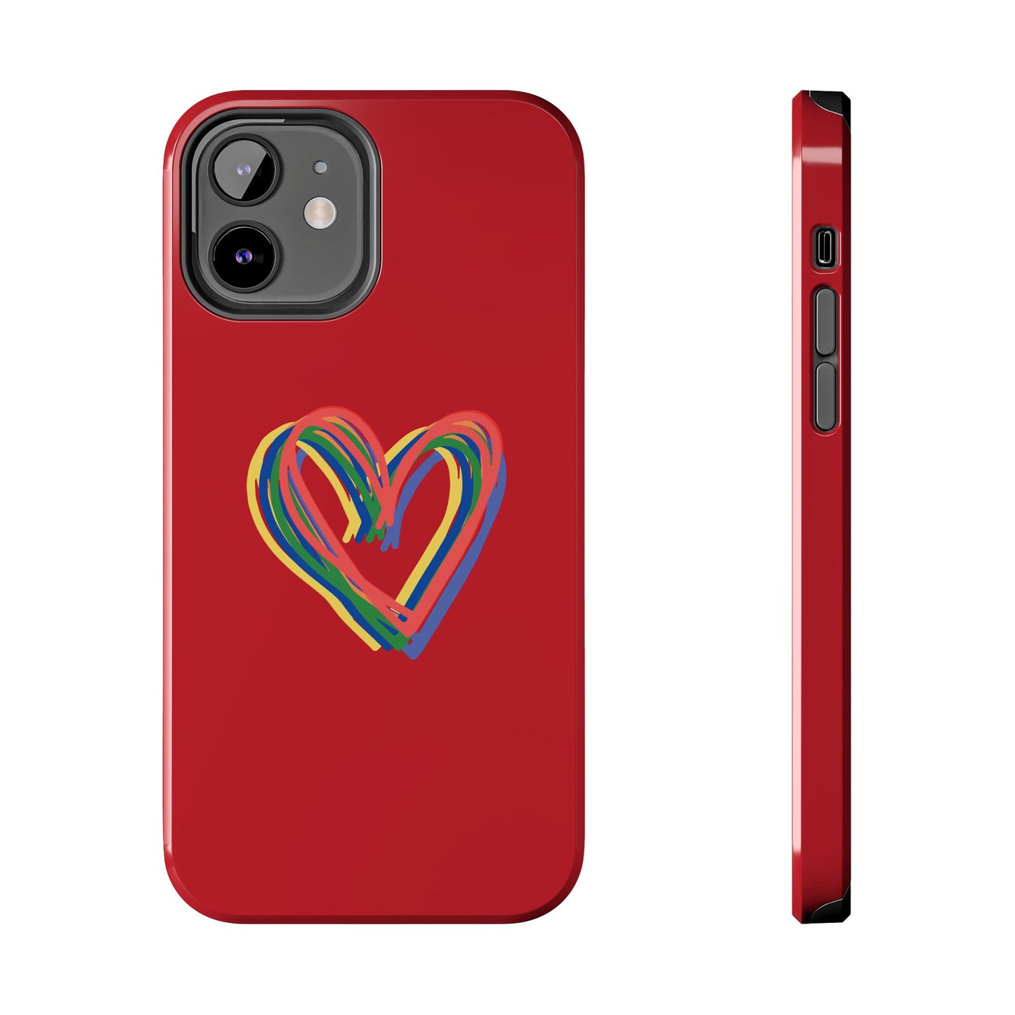 Rainbow Hearts Tough Phone Case, Red Phone Cover, Smartphone Case, Heart Pattern Phone Shell, Phone Hard Case, Colorful, Wireless Charging