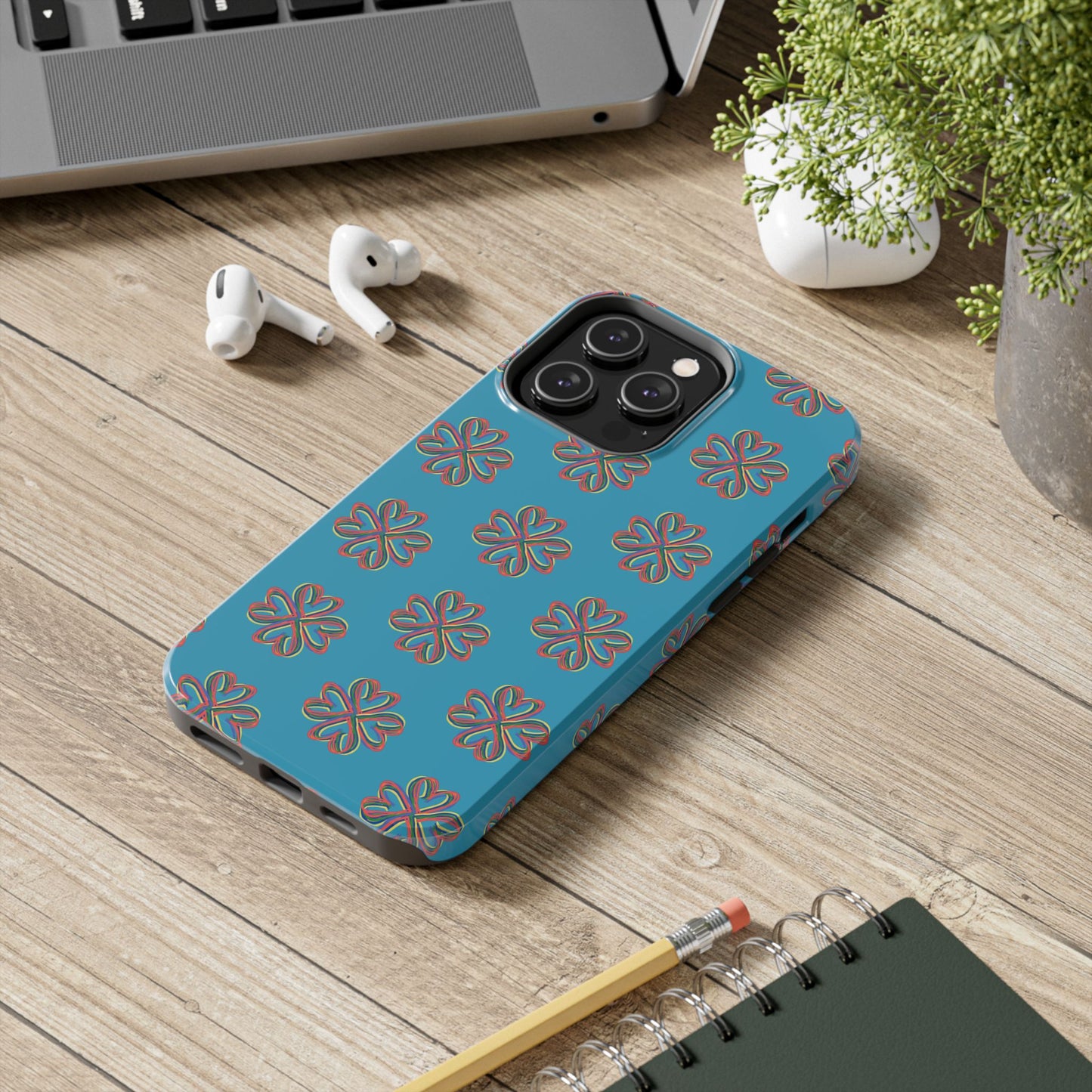 Floral Tough Phone Case, Colorful Turquoise Case, Hard Cover, iPhone Samsung Galaxy Google Pixel, Botanical Print Phone, Wireless Charging