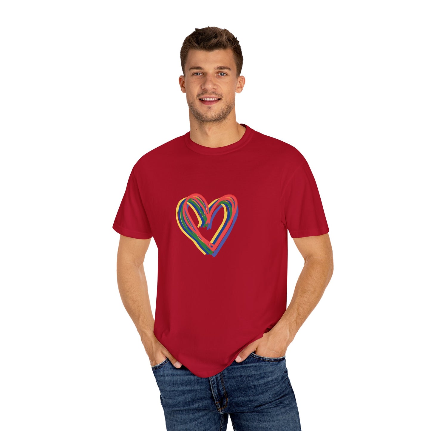 Rainbow Hearts Unisex Garment-Dyed T-shirt, love, Pride, gender neutral, casual, men, women, relaxed, soft, preshrunk cotton, Valentines Day