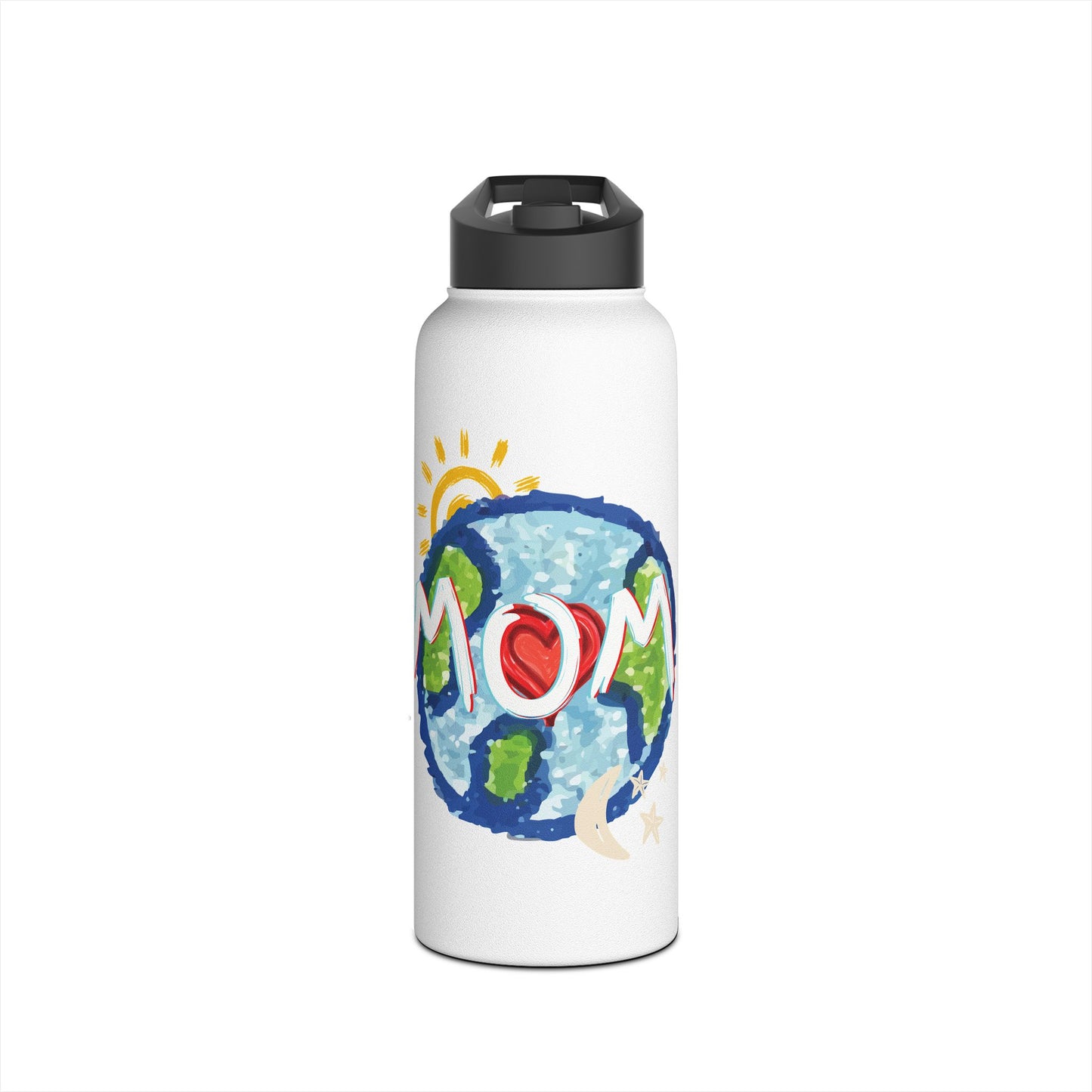 MOM Stainless Steel Water Bottle, Whole World, Sun, Moon & Stars, Heart, Love, Mothers Day, Gifts for Women, Exercise, Eco, Gender Neutral