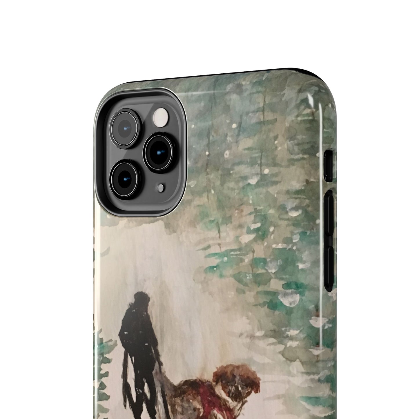 Skier Dog Pulling Tree Tough Phone Cases, iPhone & Samsung cases, wireless charging, pine trees, snow, original artwork, gifts, Christmas