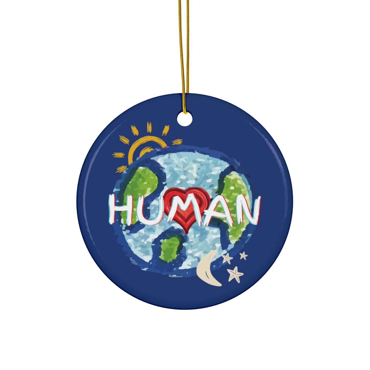HUMAN Hanging Ceramic Ornament, Whole World, Sun Moon & Stars, Heart, Circle Snowflake Heart Star, Christmas Tree, Holiday, Birthday, Gifts