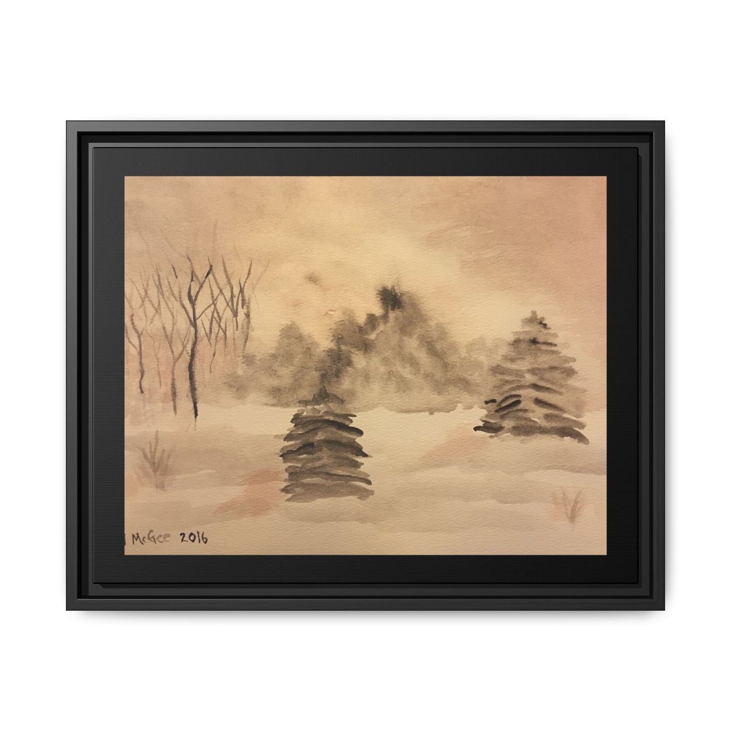 Black Frame Winter Scene, Original Watercolor Print, Snow, Nature, Trees, Forest, Artwork, Wall Art, Canvas, Black Tones, Gift, Christmas