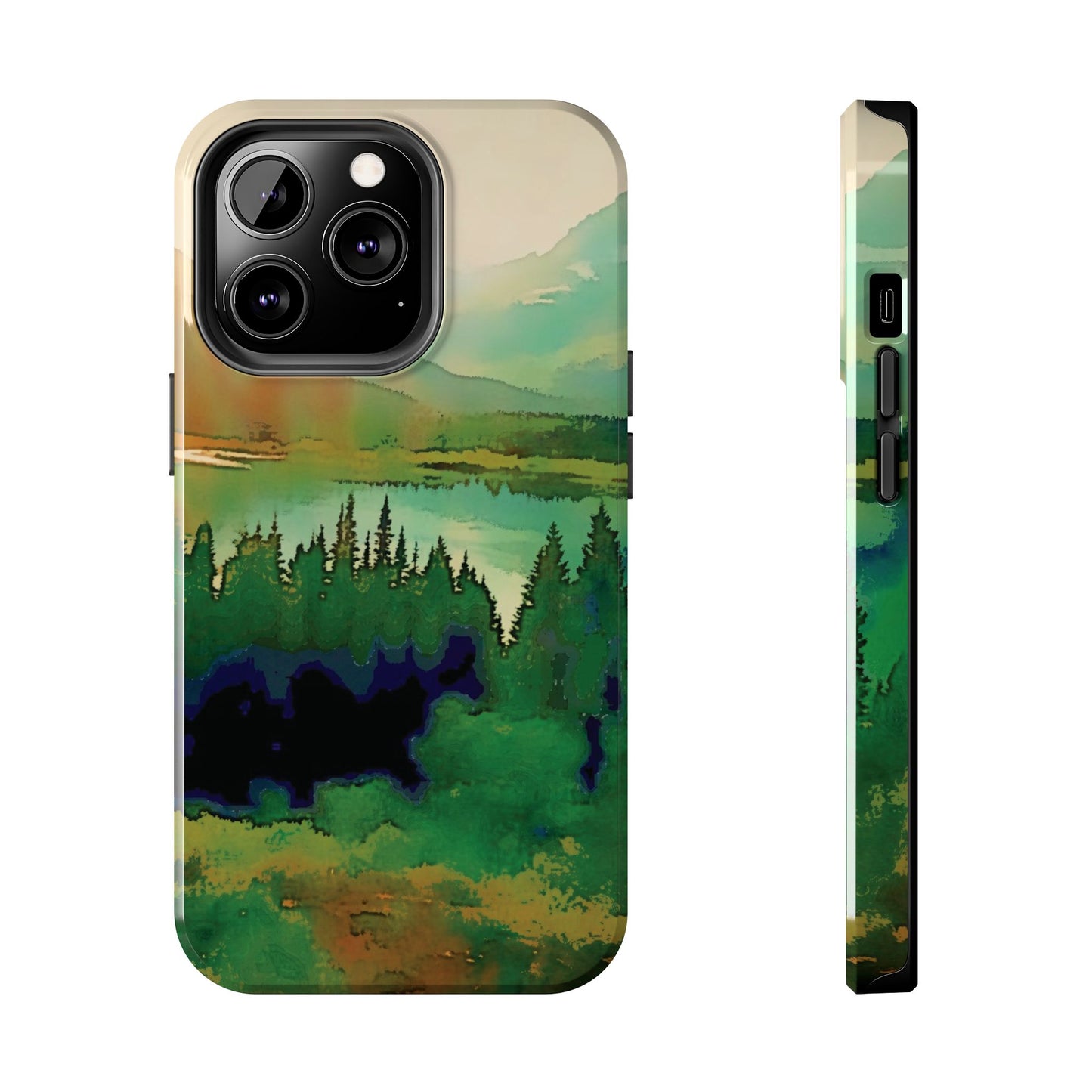 Mountain Lake Tough Phone Cases, iPhone & Samsung cases, wireless charging, trees, nature, colorful, original artwork, gifts, Christmas