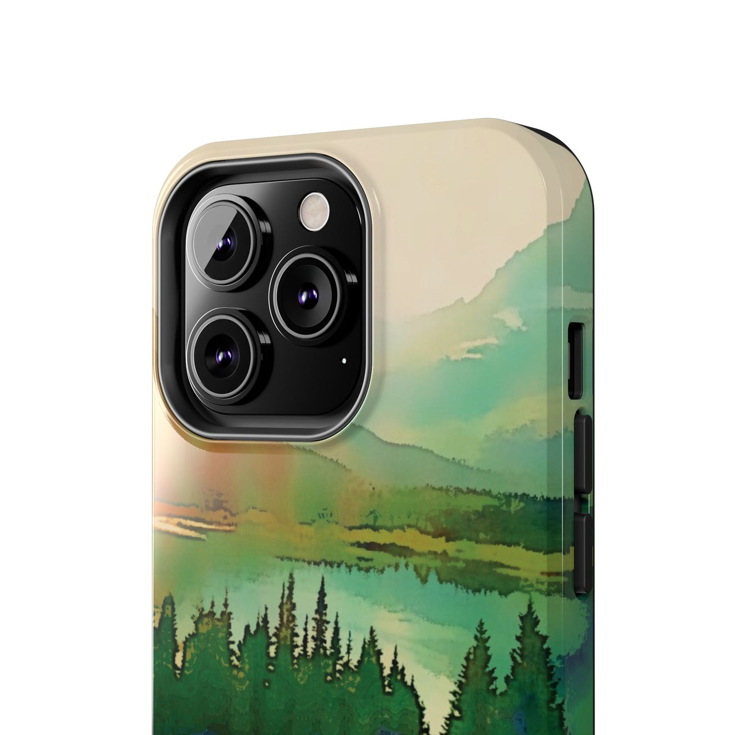 Mountain Lake Tough Phone Cases, iPhone & Samsung cases, wireless charging, trees, nature, colorful, original artwork, gifts, Christmas