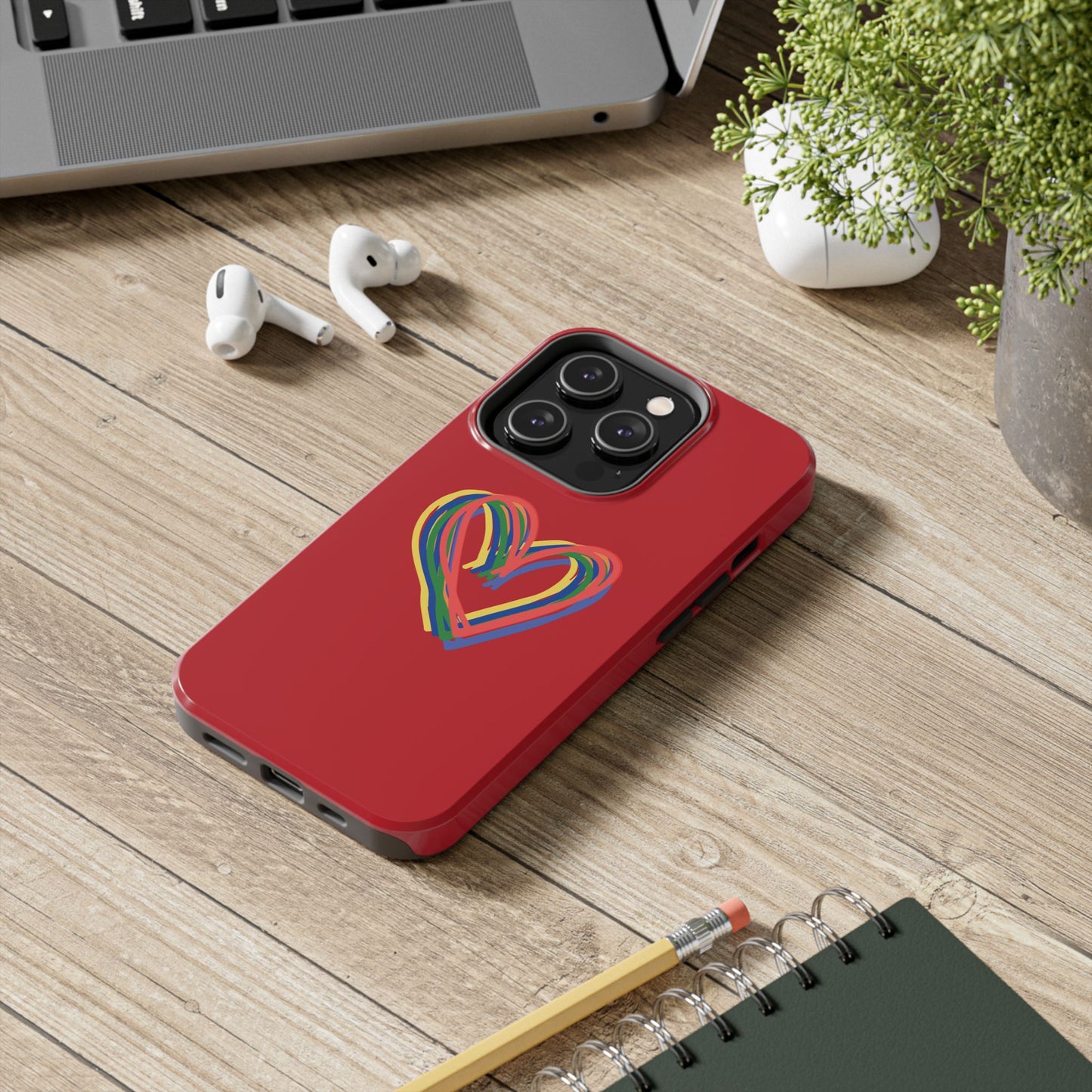 Rainbow Hearts Tough Phone Case, Red Phone Cover, Smartphone Case, Heart Pattern Phone Shell, Phone Hard Case, Colorful, Wireless Charging