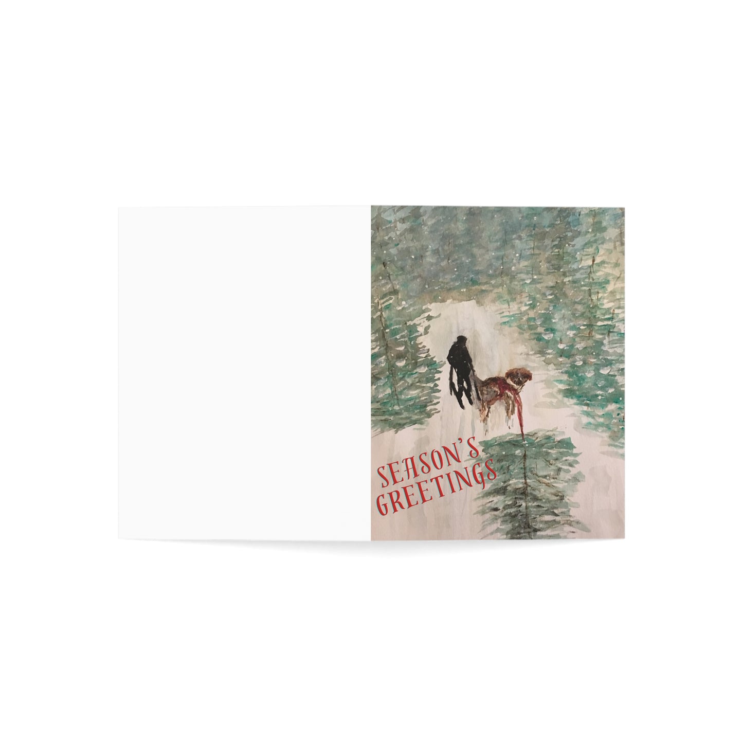 Holiday Greeting Cards Original Artwork Tree Hunting (10, 30, and 50pcs), Dog, Skis, Seasons Greetings, Wishing Health Happiness New Year