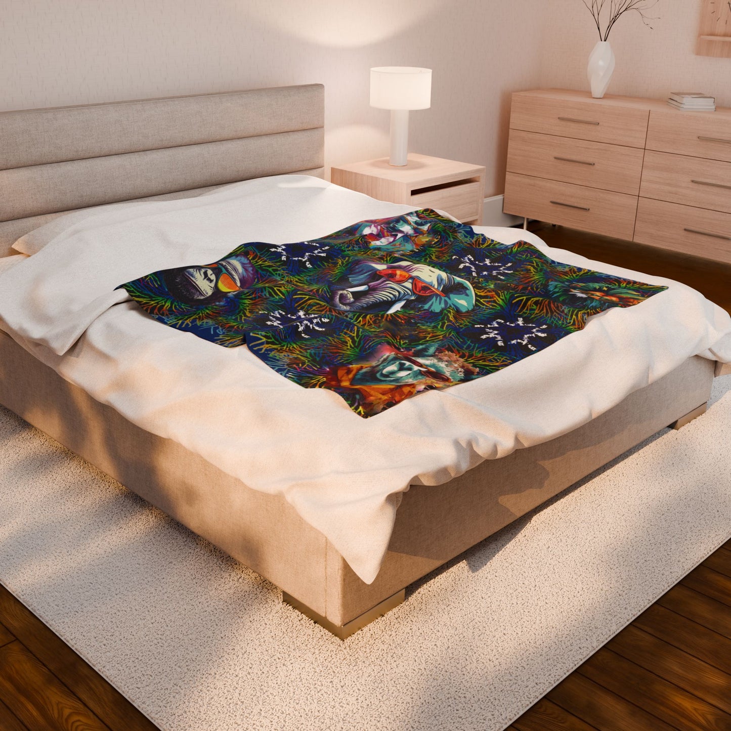 Blue Wild & Cool Creatures Velveteen Blanket, Animals, Cozy Throw, Home Decor, Gift, Bed Cover Vibrant Couch Blanket Kids Birthday Christmas
