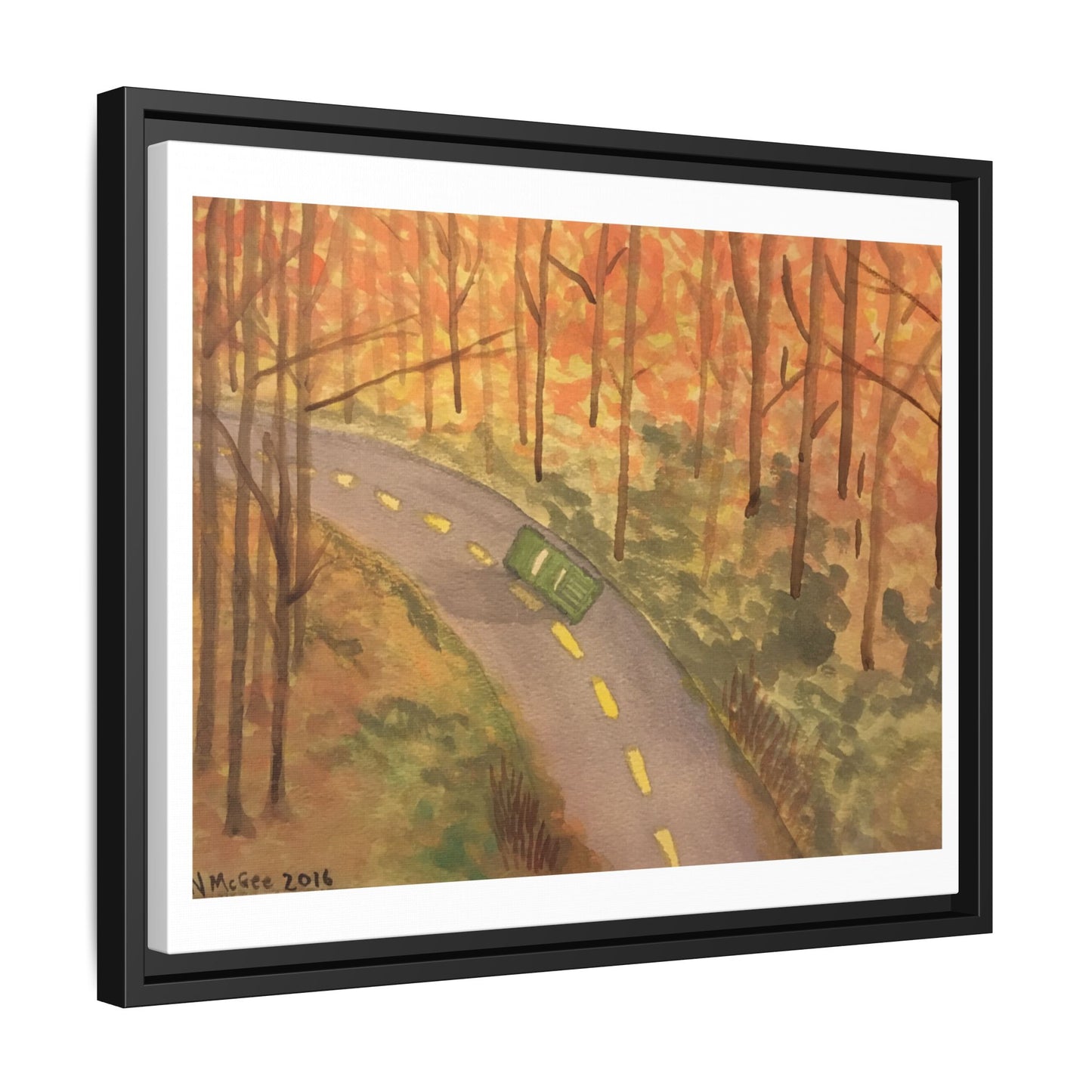 Black Frame Autumn Drive in the Country, Original Watercolor Matte Print, Fall Leaves, Nature, Trees, Artwork, Wall Art, Gift, Colorful