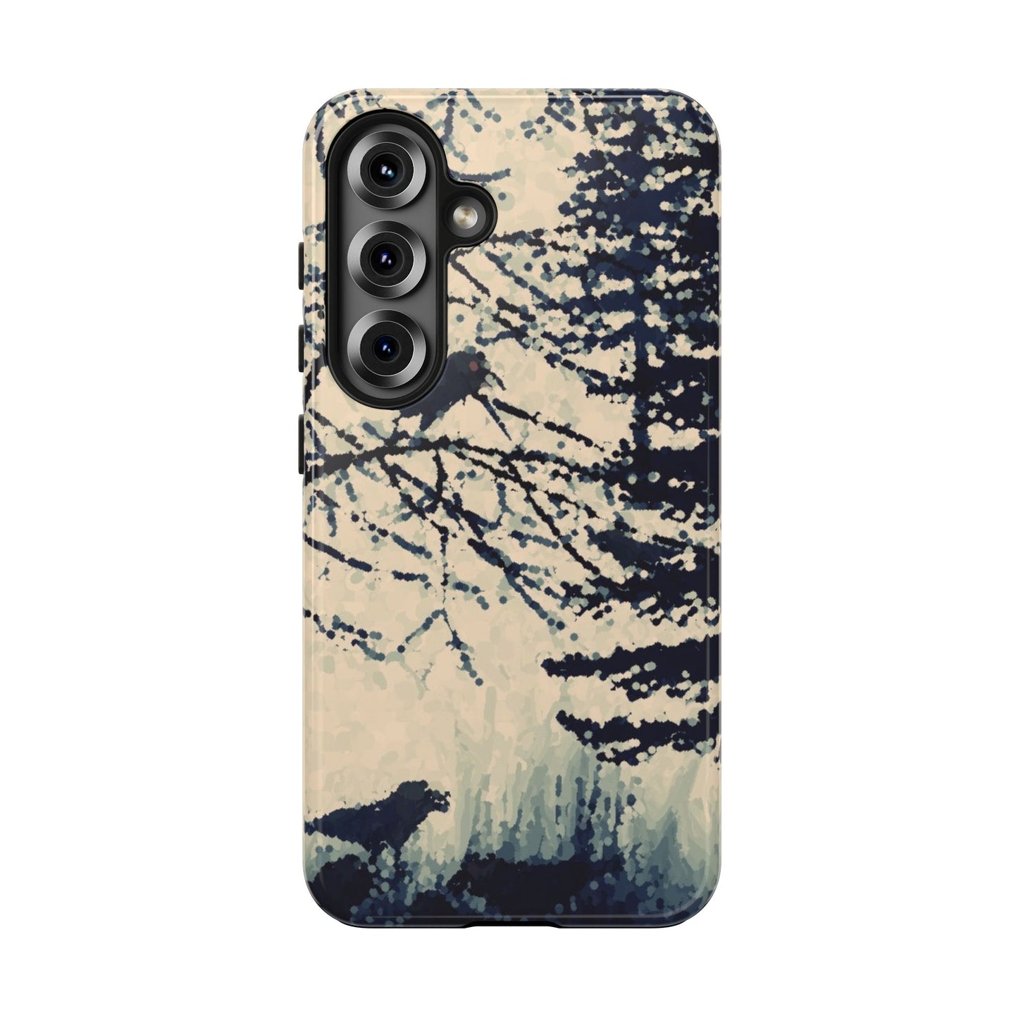 Crows in Forest Tough Phone Cases, iPhone & Samsung cases, wireless charging, crows, trees, birds, original artwork, gifts, Halloween