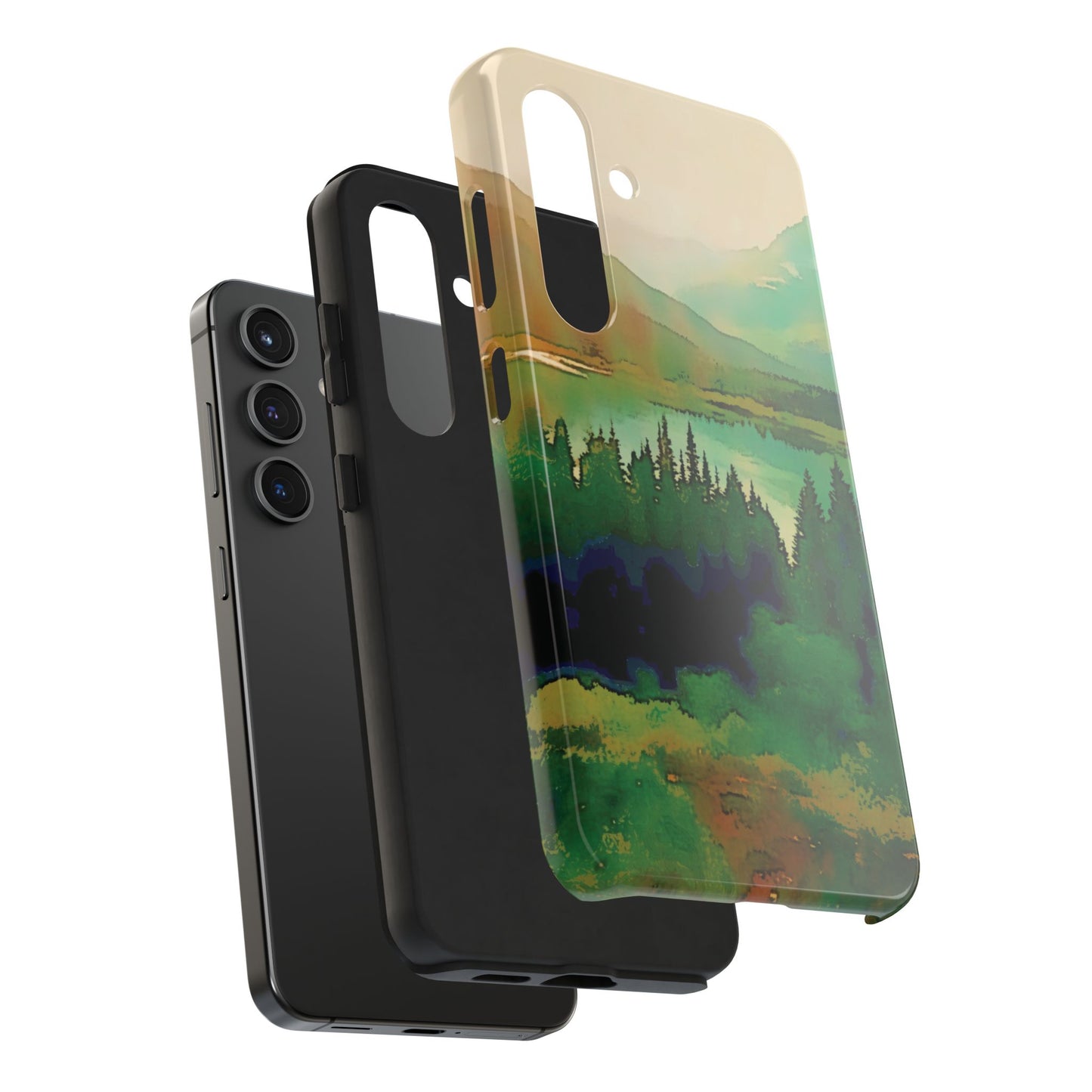 Mountain Lake Tough Phone Cases, iPhone & Samsung cases, wireless charging, trees, nature, colorful, original artwork, gifts, Christmas