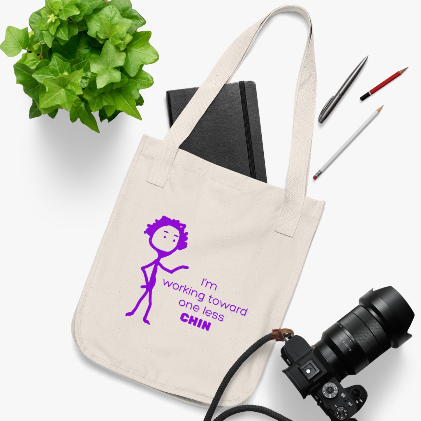 Im Working Toward One Less Chin Organic Canvas Tote Bag, Funny, Exercise, Gender Neutral, Women, Men, Gift, Groceries, Shopping, Books, Eco