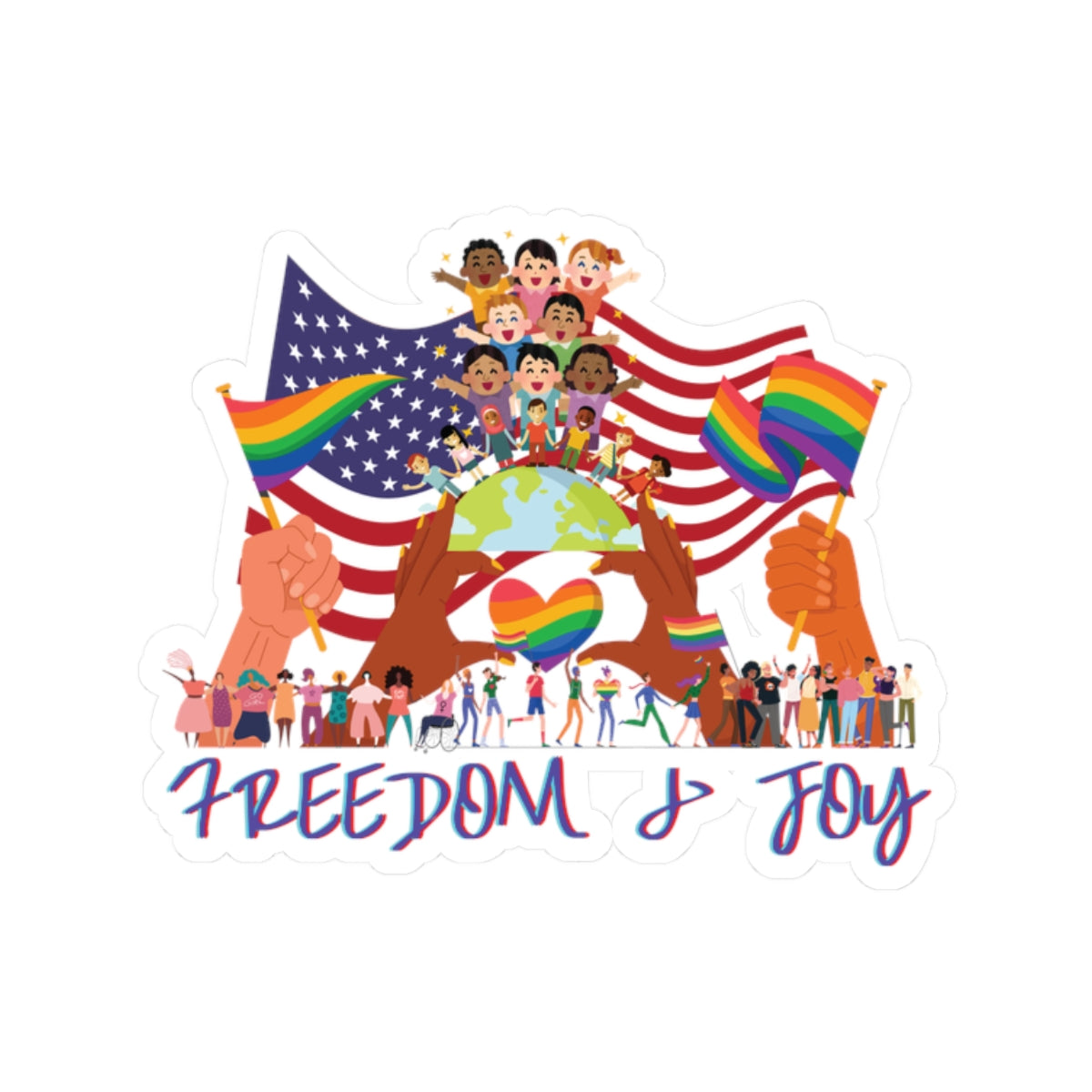 Freedom & Joy Graphic Kiss Cut Stickers, happy, equality, inclusion, patriotic, pride, colorful, gender neutral, student, gift, decorate