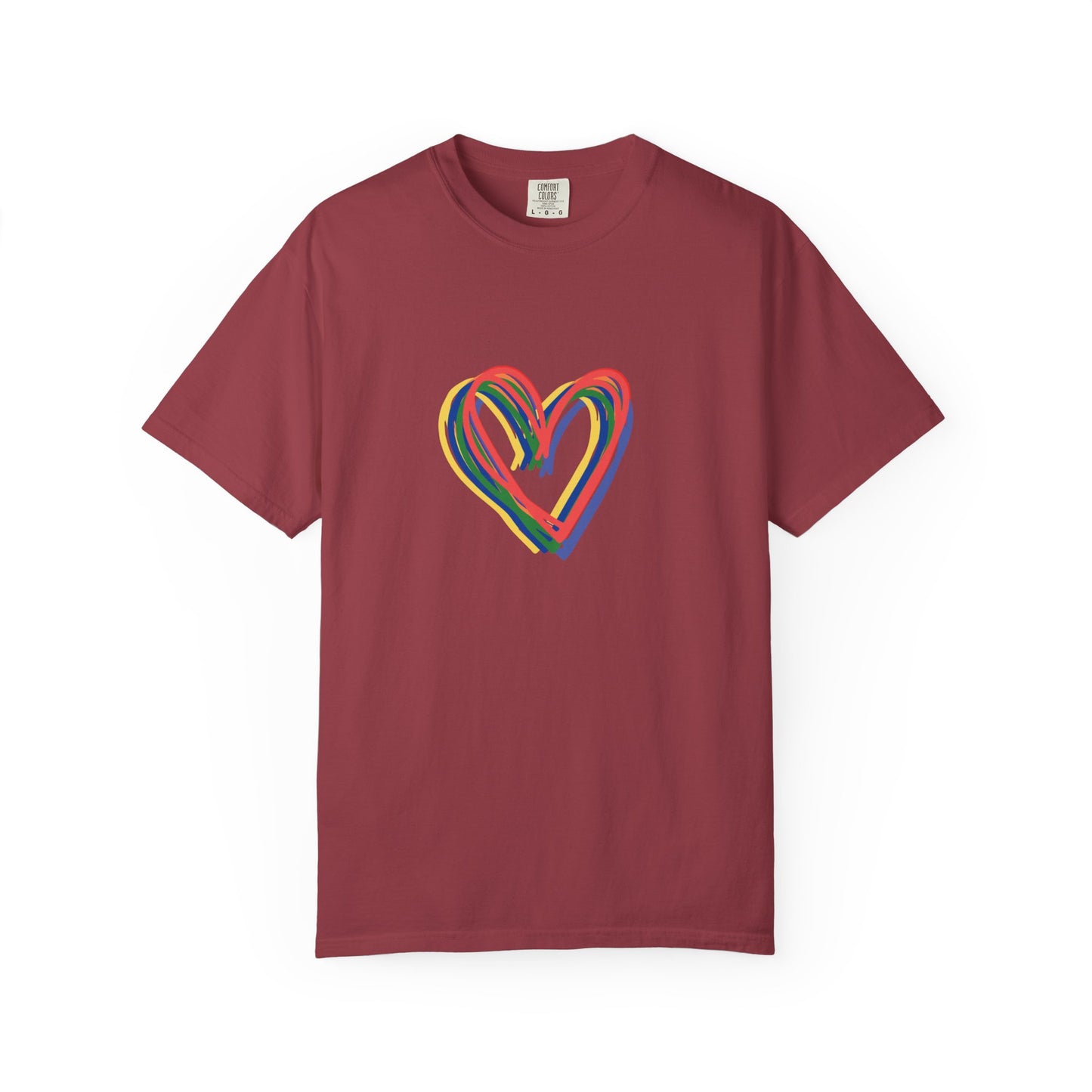 Rainbow Hearts Unisex Garment-Dyed T-shirt, love, Pride, gender neutral, casual, men, women, relaxed, soft, preshrunk cotton, Valentines Day