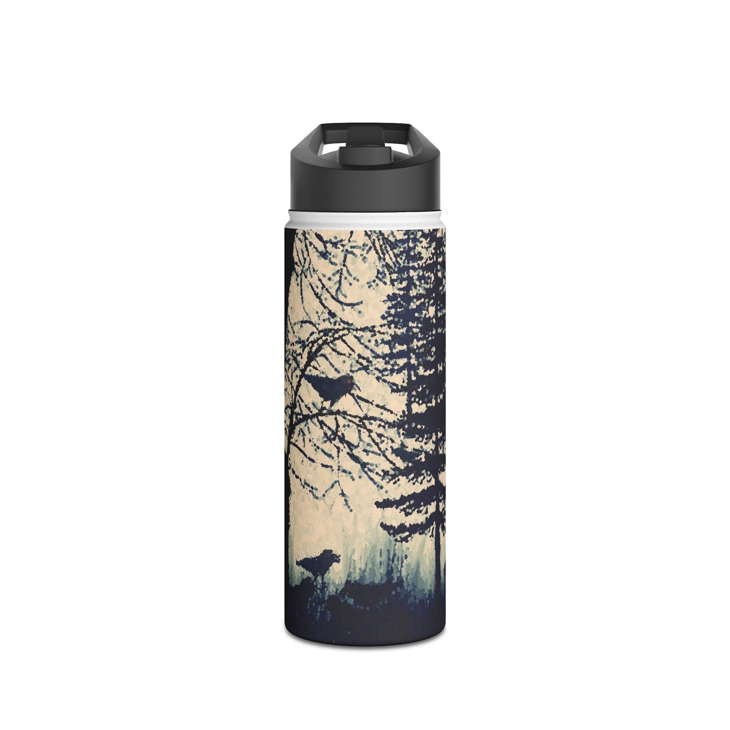 Crows in Forest Stainless Steel Water Bottle, Trees, Birds, Nature, Original Artwork, Exercise, Gift, Black & White, Eco BPA-free, Halloween
