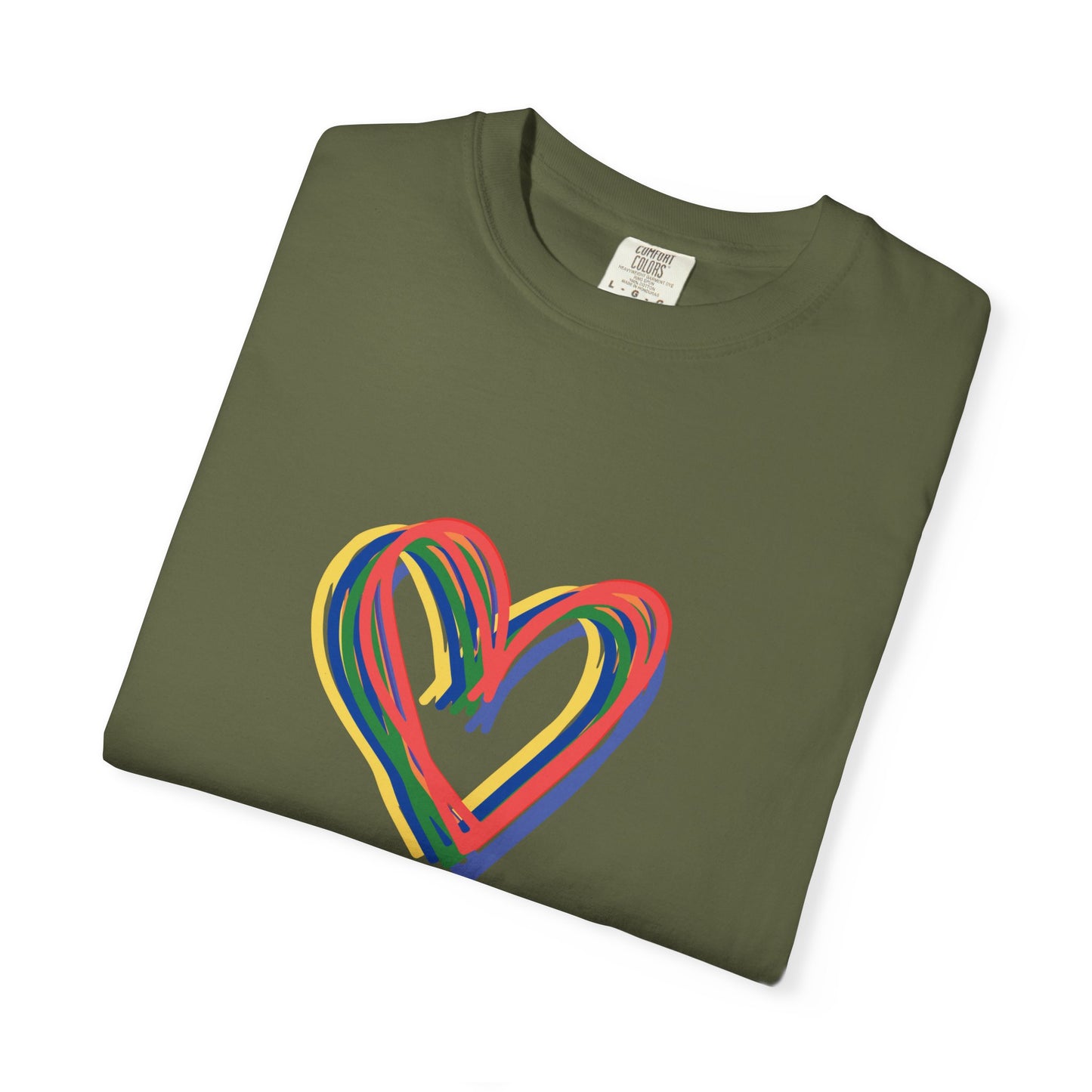 Rainbow Hearts Unisex Garment-Dyed T-shirt, love, Pride, gender neutral, casual, men, women, relaxed, soft, preshrunk cotton, Valentines Day