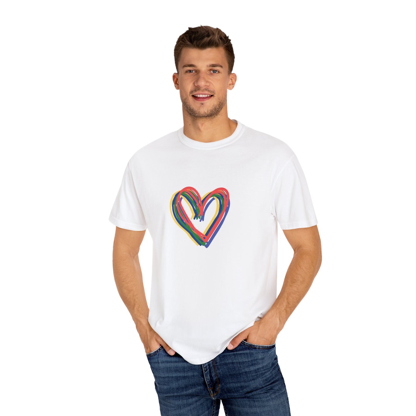 Rainbow Hearts Unisex Garment-Dyed T-shirt, love, Pride, gender neutral, casual, men, women, relaxed, soft, preshrunk cotton, Valentines Day