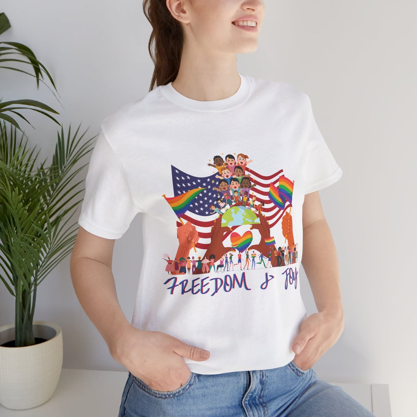 Freedom & Joy Unisex Tee, America, Inclusion, Equality, Love, Pride, Flag, Election, Gift, Comfy, Soft, Casual, Gender Neutral, Short Sleeve