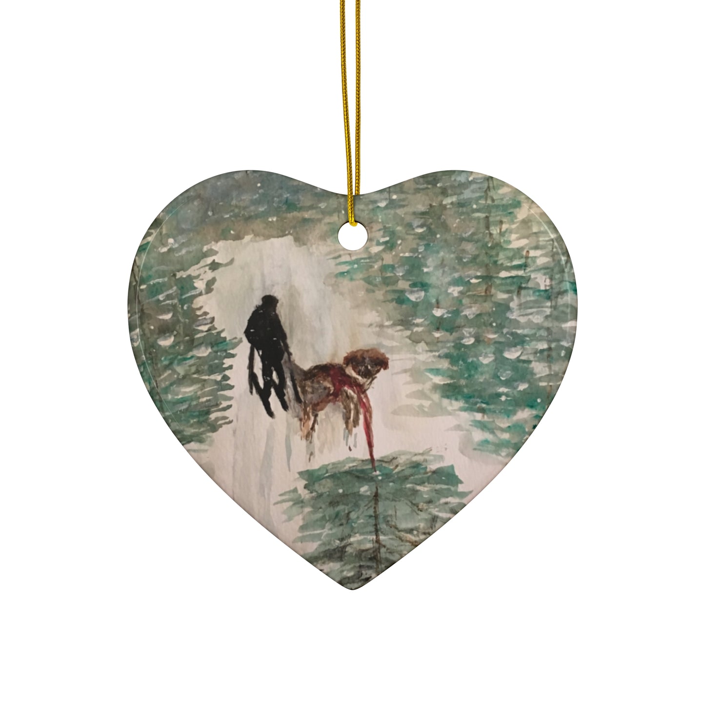 Skier Dog Pulling Tree Hanging Ceramic Ornament, 4 Shapes Circle, Snowflake, Heart, Star, Christmas Tree, Holiday, Decor, Gifts, Snow Forest