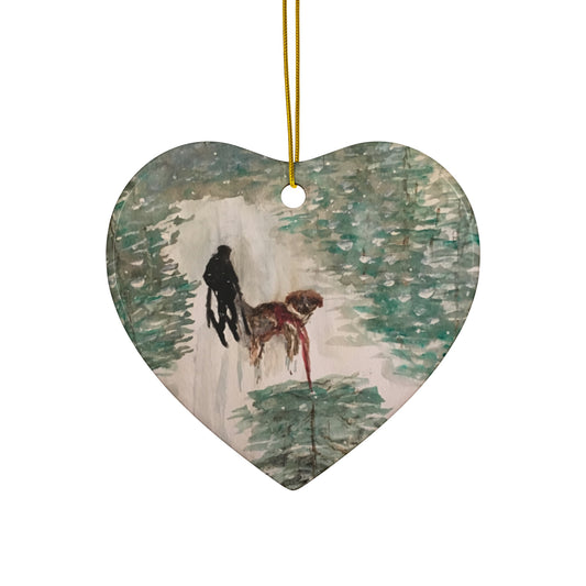Skier Dog Pulling Tree Hanging Ceramic Ornament, 4 Shapes Circle, Snowflake, Heart, Star, Christmas Tree, Holiday, Decor, Gifts, Snow Forest