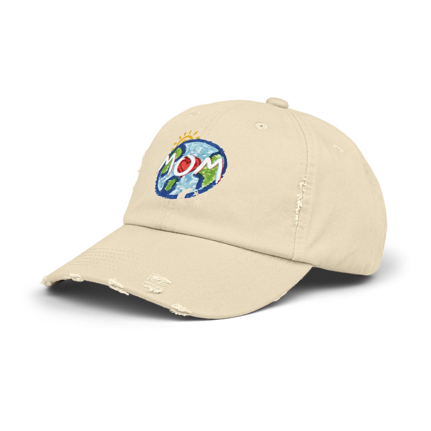 MOM Unisex Distressed Cap, Whole World, Sun, Moon & Stars, Heart, Mothers Day, Gifts for Women, Gift, Hats, Cotton Twill, Adjustable