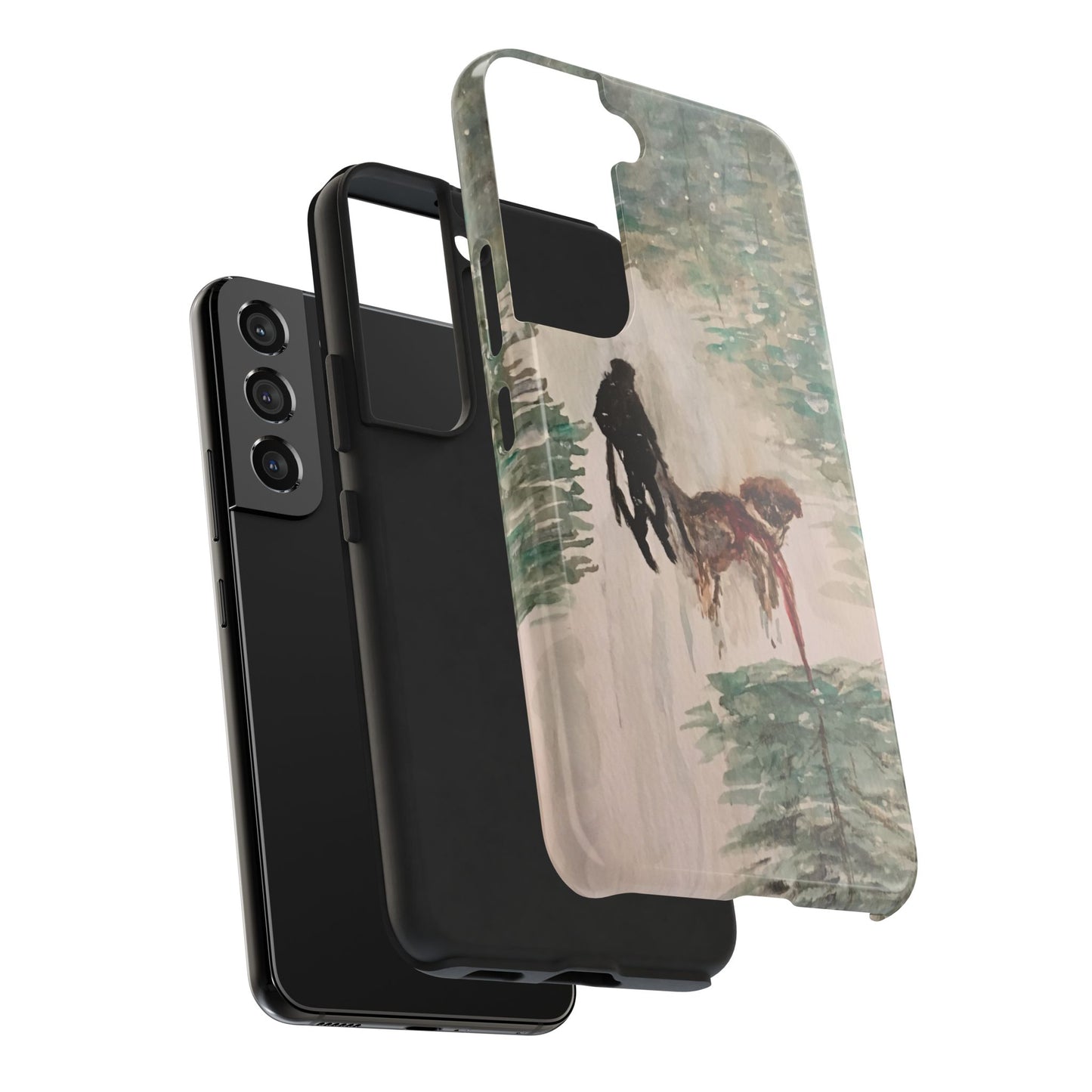 Skier Dog Pulling Tree Tough Phone Cases, iPhone & Samsung cases, wireless charging, pine trees, snow, original artwork, gifts, Christmas