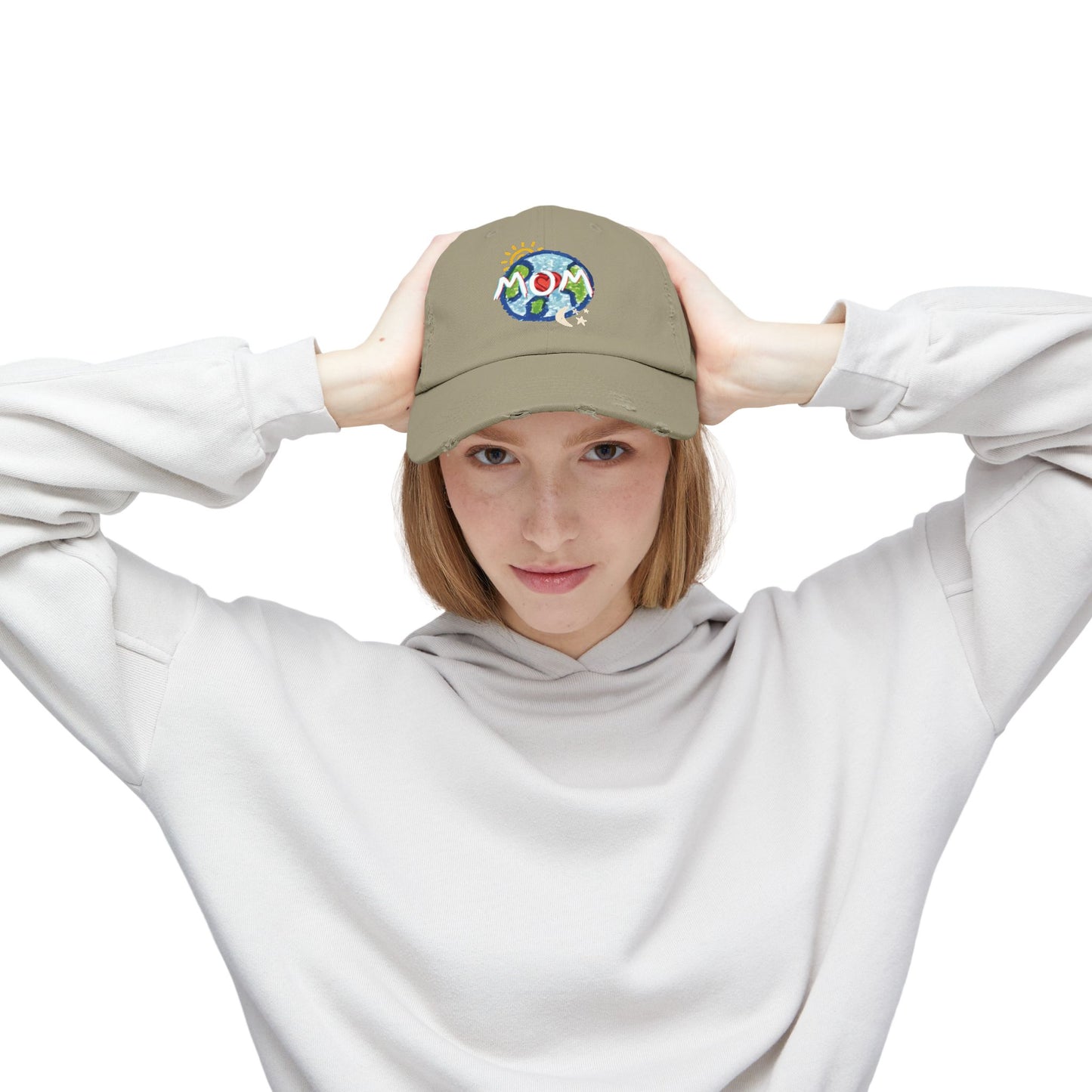 MOM Unisex Distressed Cap, Whole World, Sun, Moon & Stars, Heart, Mothers Day, Gifts for Women, Gift, Hats, Cotton Twill, Adjustable