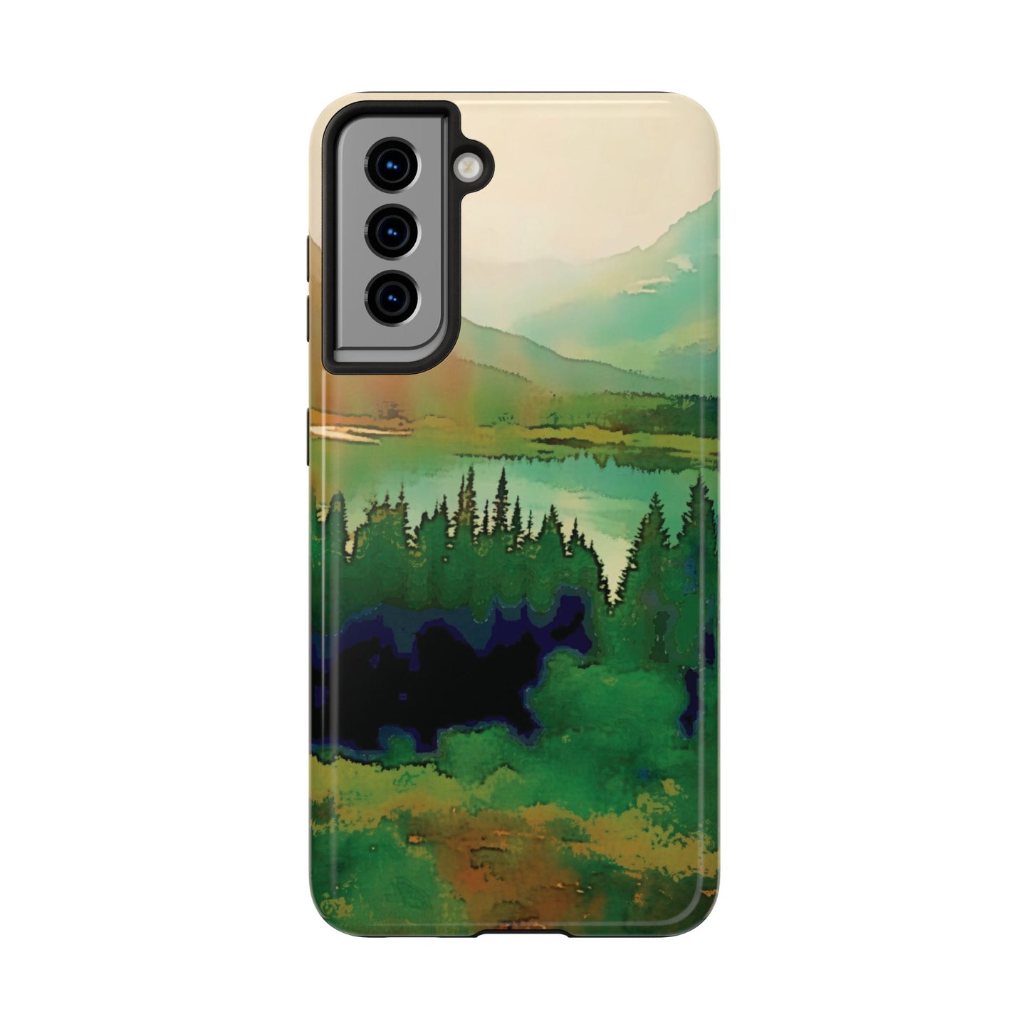 Mountain Lake Tough Phone Cases, iPhone & Samsung cases, wireless charging, trees, nature, colorful, original artwork, gifts, Christmas