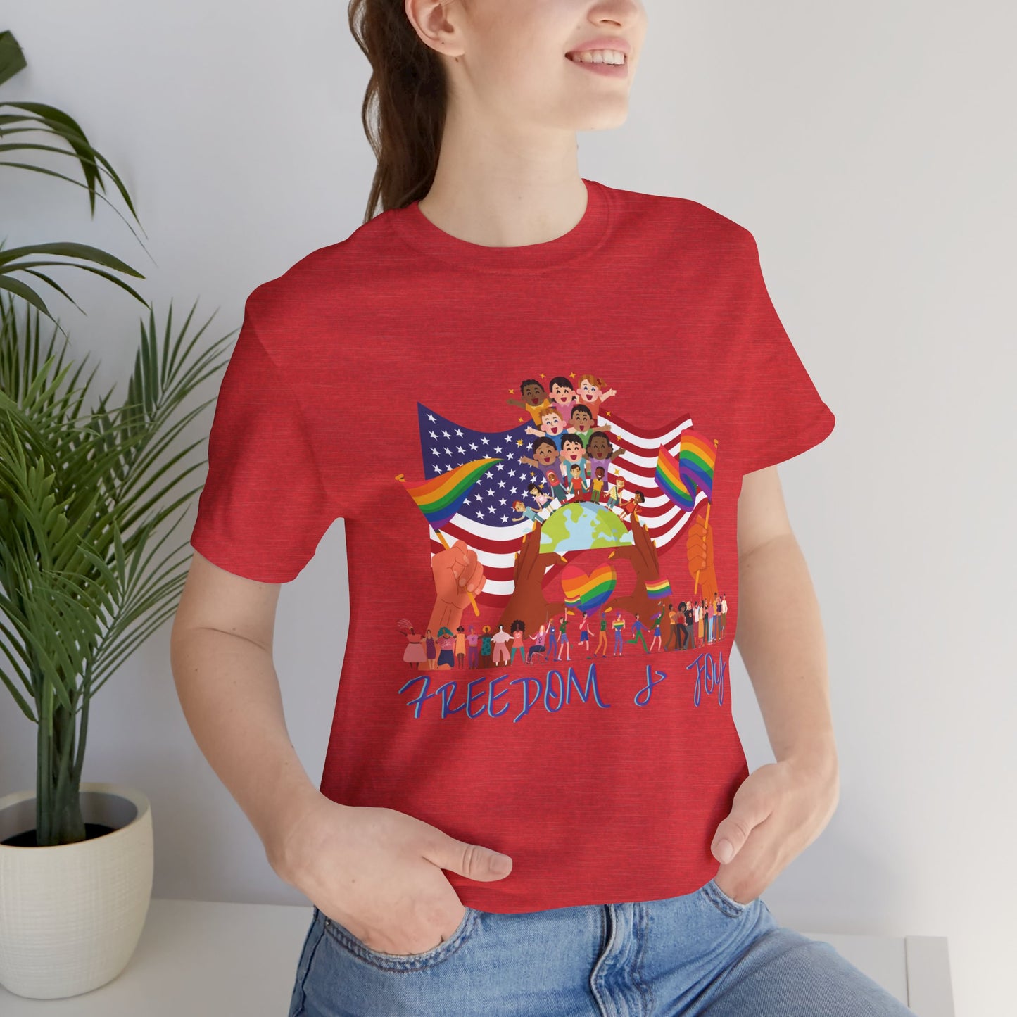 Freedom & Joy Unisex Tee, America, Inclusion, Equality, Love, Pride, Flag, Election, Gift, Comfy, Soft, Casual, Gender Neutral, Short Sleeve