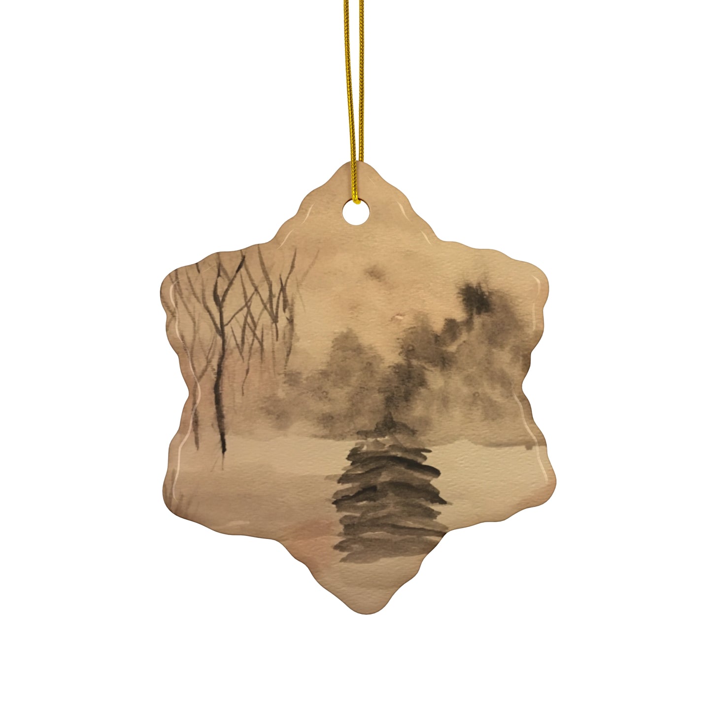 Winter Scene Hanging Ceramic Ornament, 2 Shapes, Round or Snowflake, Christmas Tree, Holiday, Gifts, Snow, Pine Trees, Forest