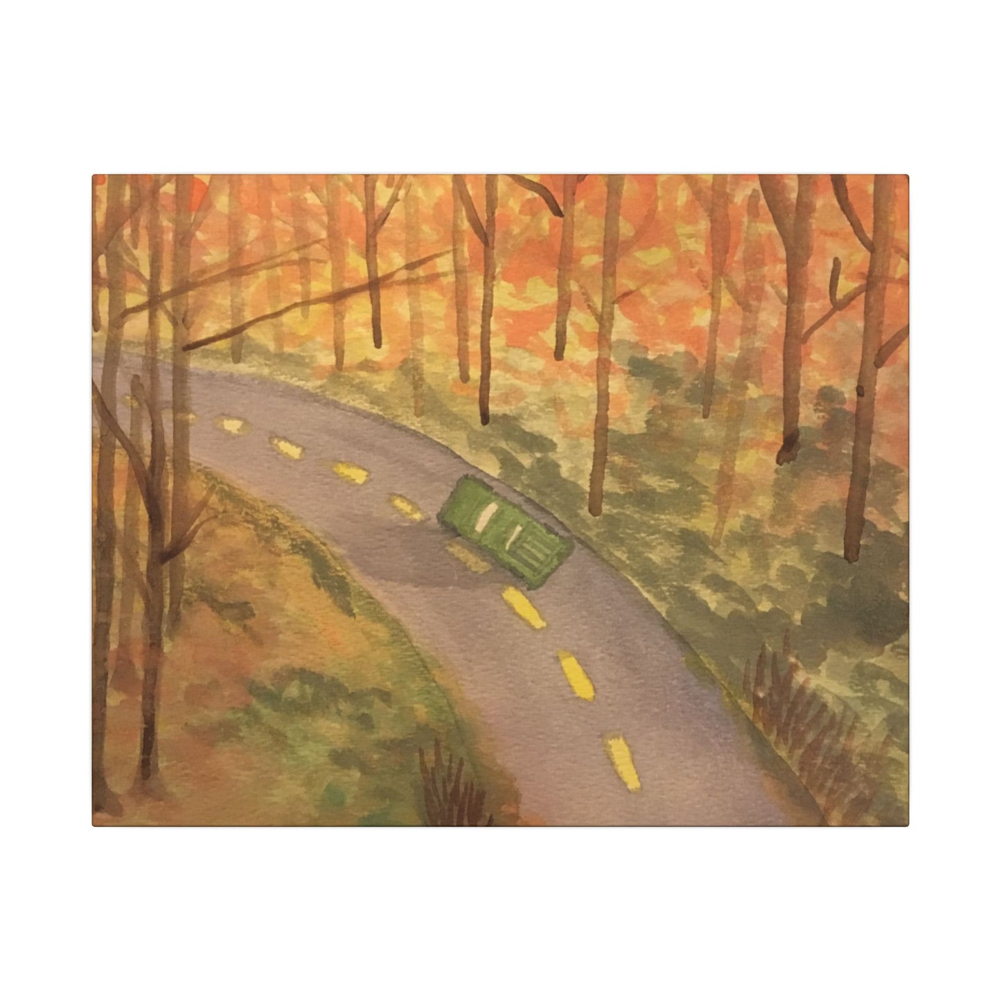 Canvas Wrap Autumn Drive in the Country, Nature, America, Trees, Original Watercolor Print, Artwork, Wall Art, Green Truck, Fall Leaves