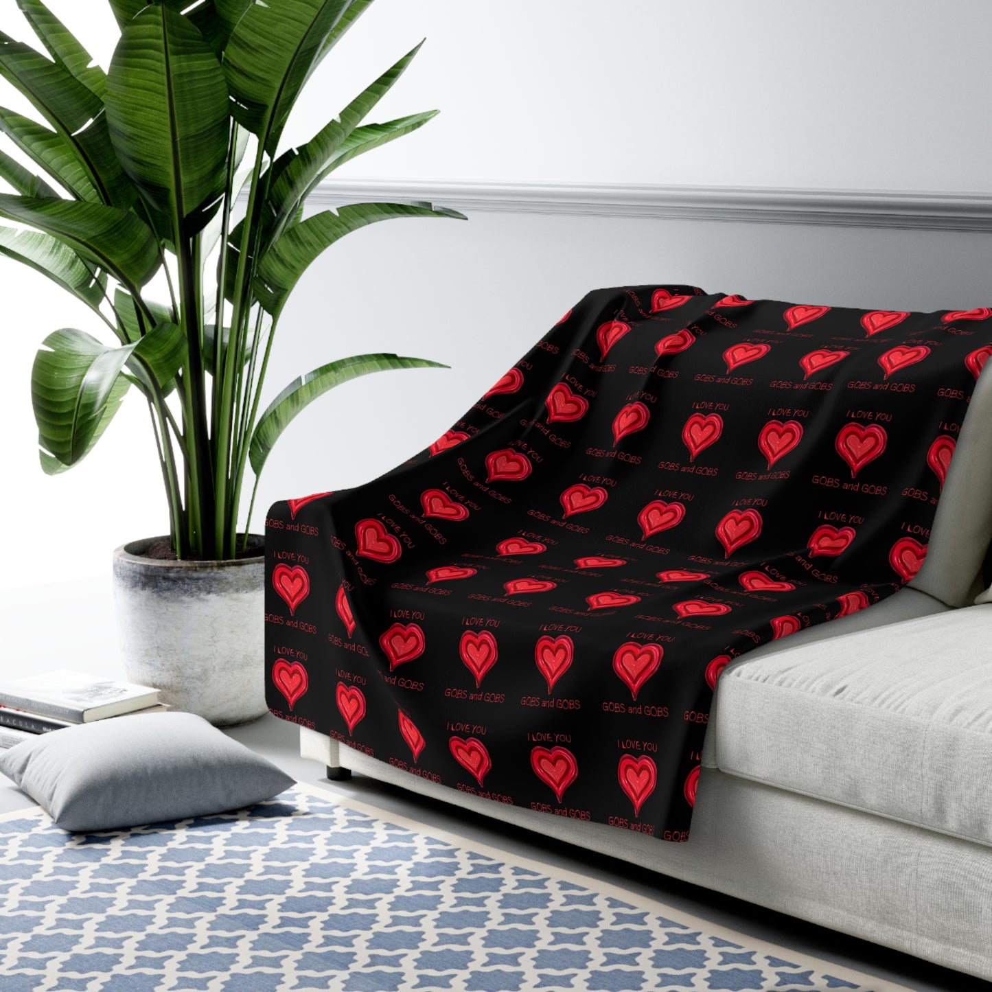 Black Hearts Sherpa Fleece Blanket, I Love You Gobs and Gobs, Cozy Warm Throw, Valentine's Day Gift, Home Decor Accent, Bedding Accessories