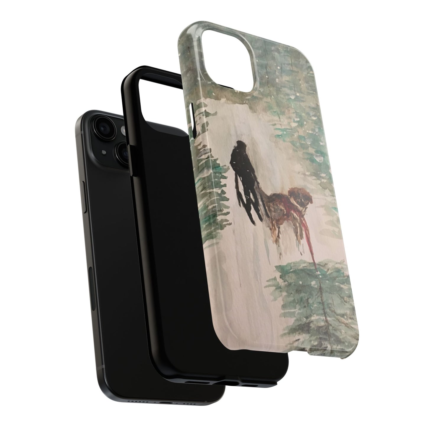 Skier Dog Pulling Tree Tough Phone Cases, iPhone & Samsung cases, wireless charging, pine trees, snow, original artwork, gifts, Christmas