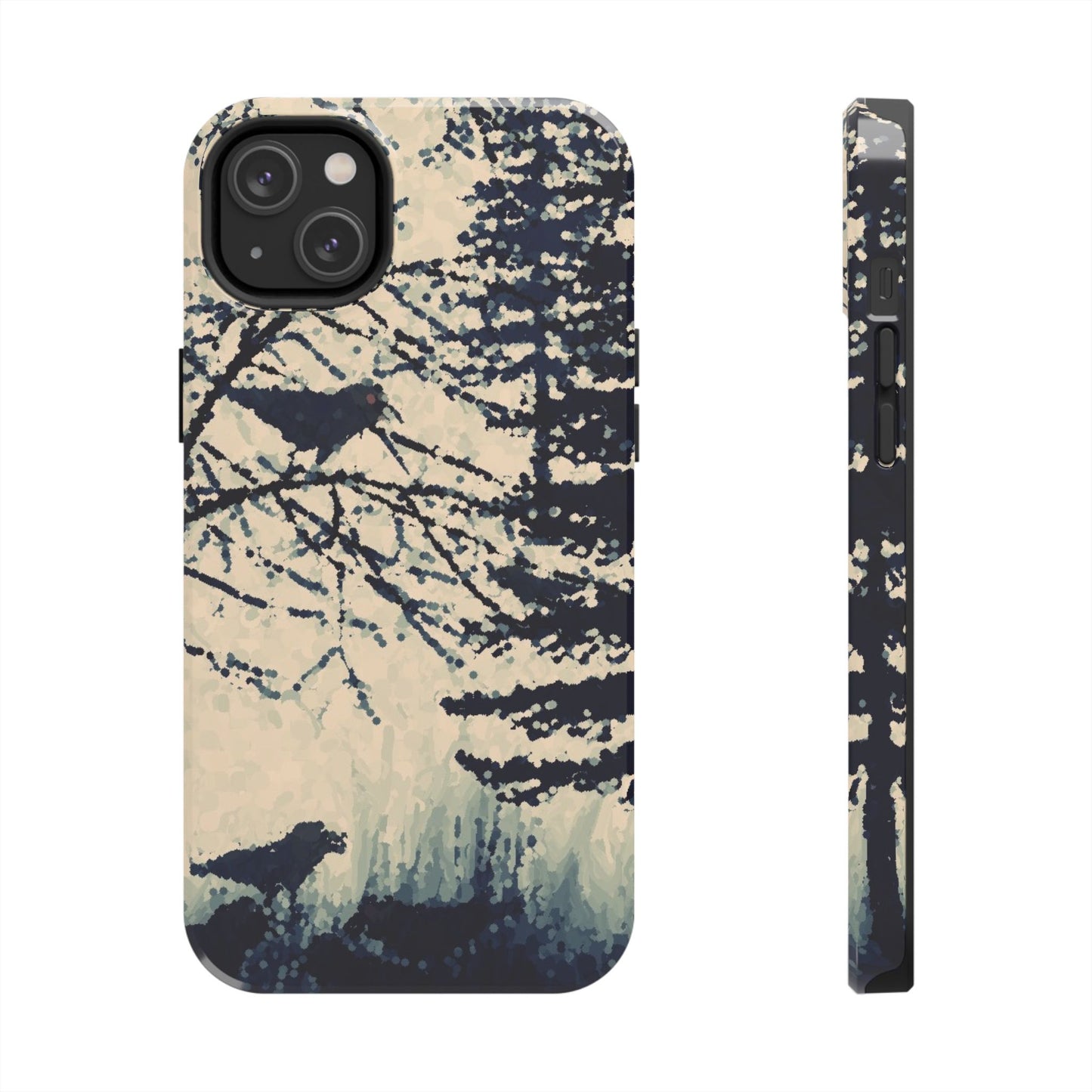 Crows in Forest Tough Phone Cases, iPhone & Samsung cases, wireless charging, crows, trees, birds, original artwork, gifts, Halloween